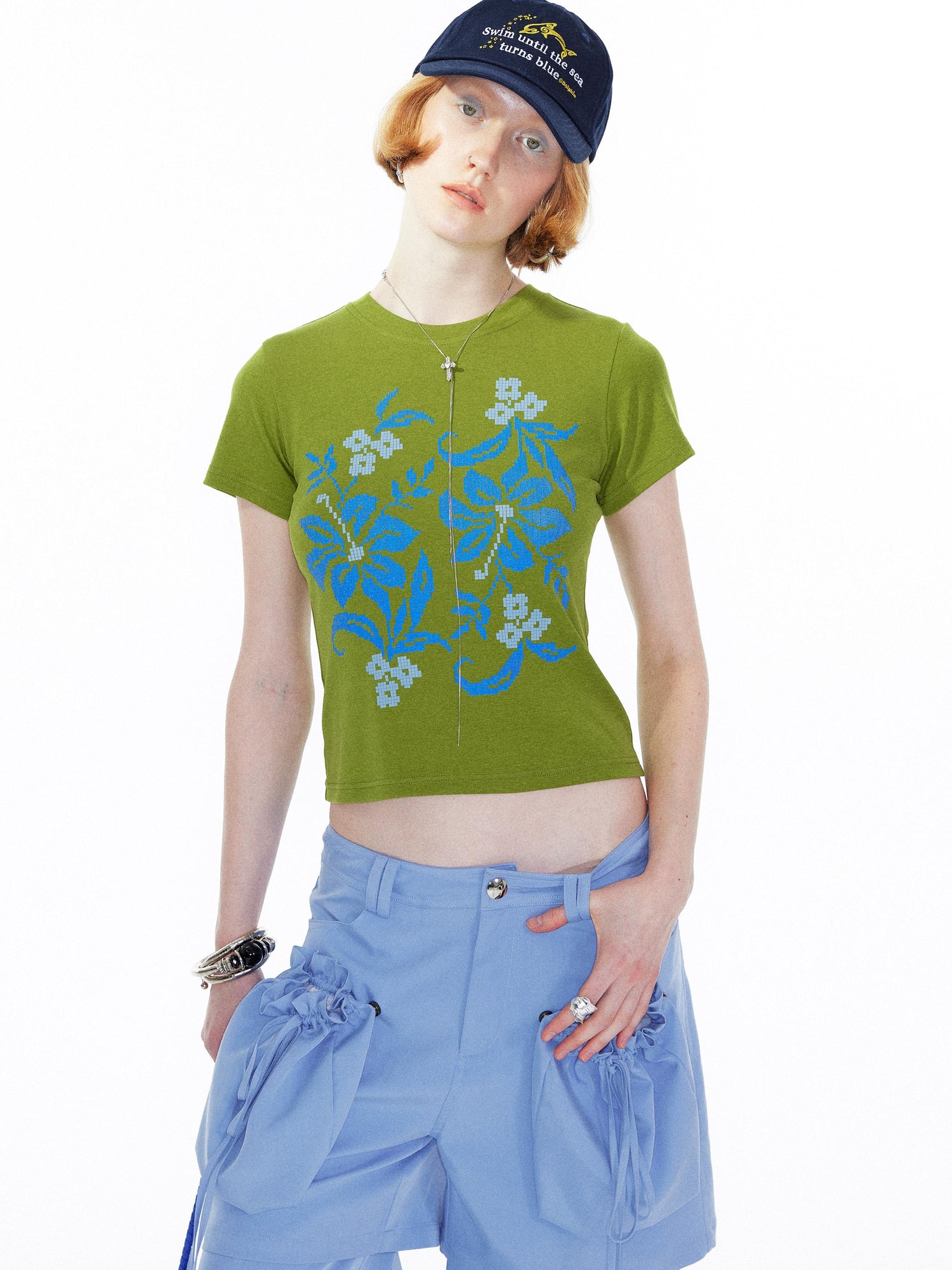 Floral Print Pixel Art Tee In Apple Green