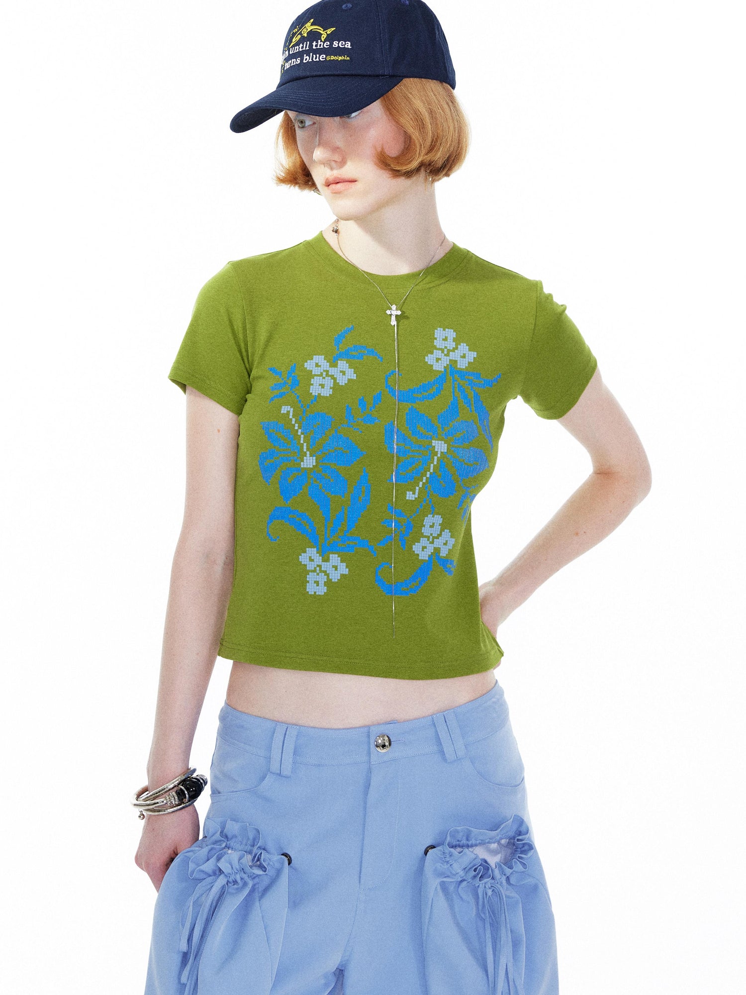 Floral Print Pixel Art Tee In Apple Green