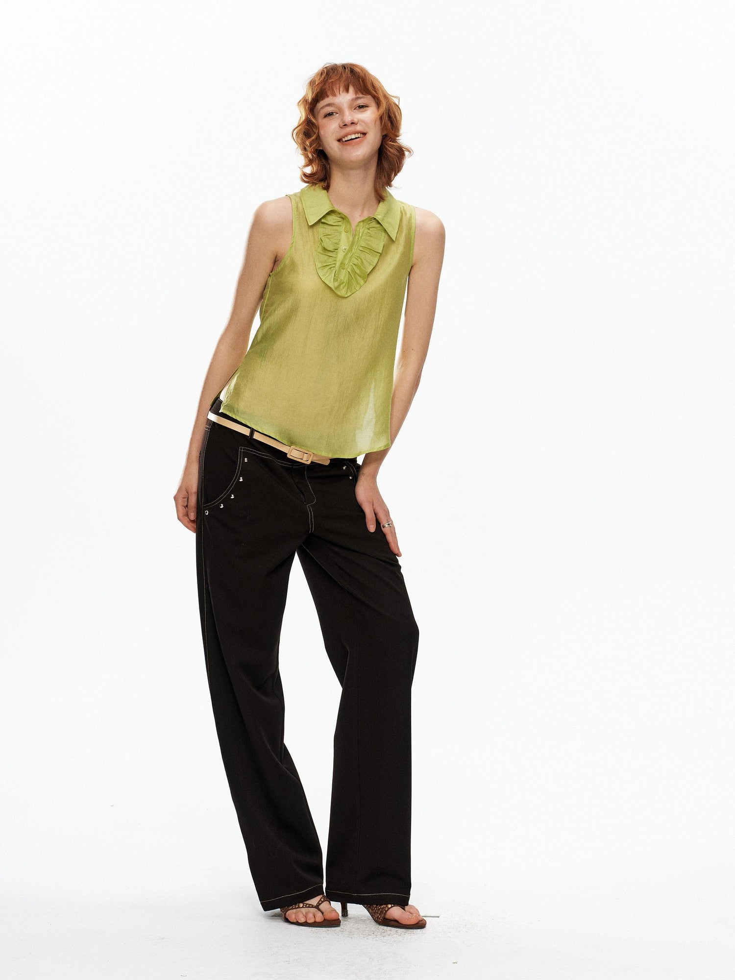 YOSHUYUKI Fruit Green Lace Trim Asymmetrical Placket H Line Women&