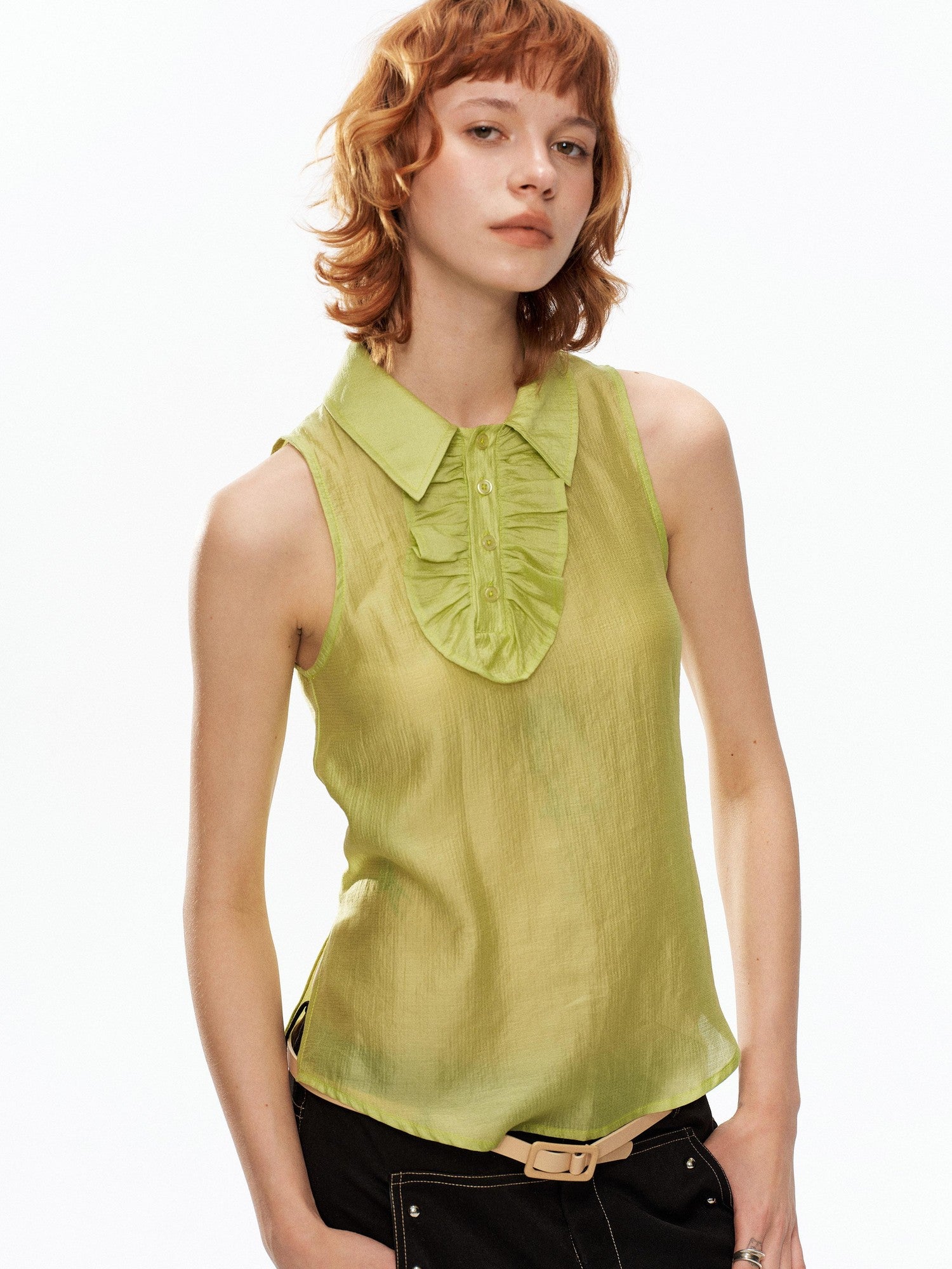 YOSHUYUKI Fruit Green Lace Trim Asymmetrical Placket H Line Women&