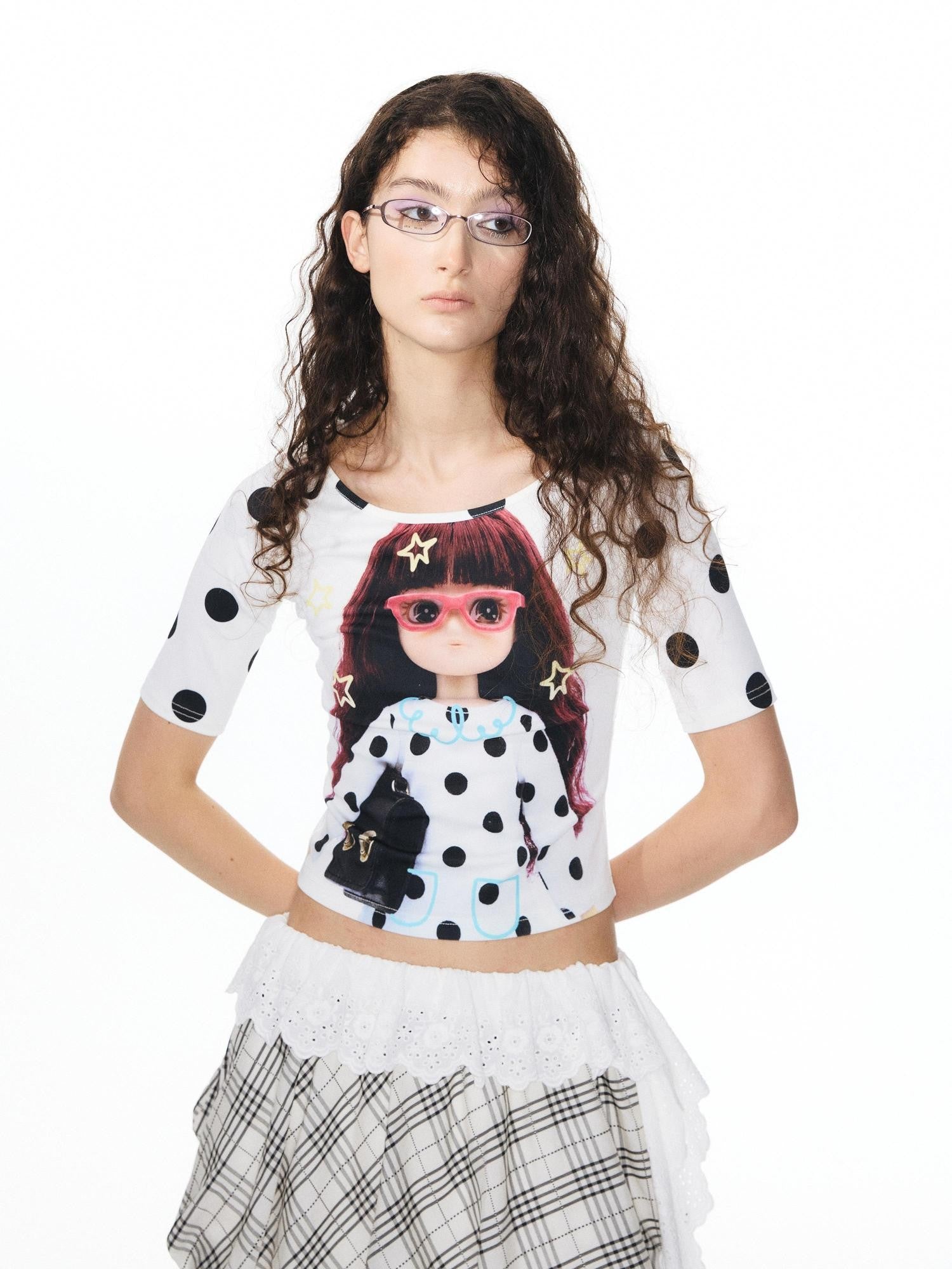 YOSHUYUKI Girlish Diamond Print Raglan Round Neck Women&