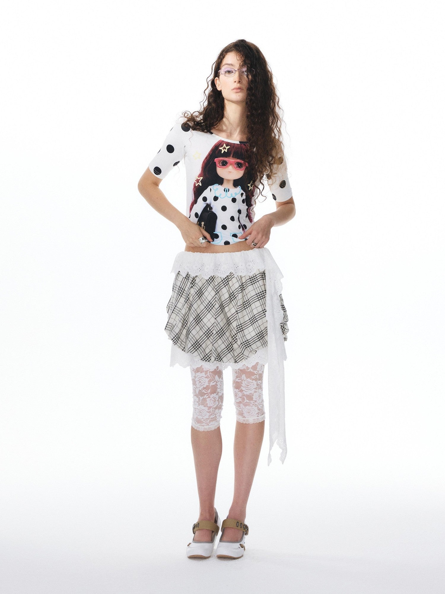 YOSHUYUKI Girlish Diamond Print Raglan Round Neck Women&