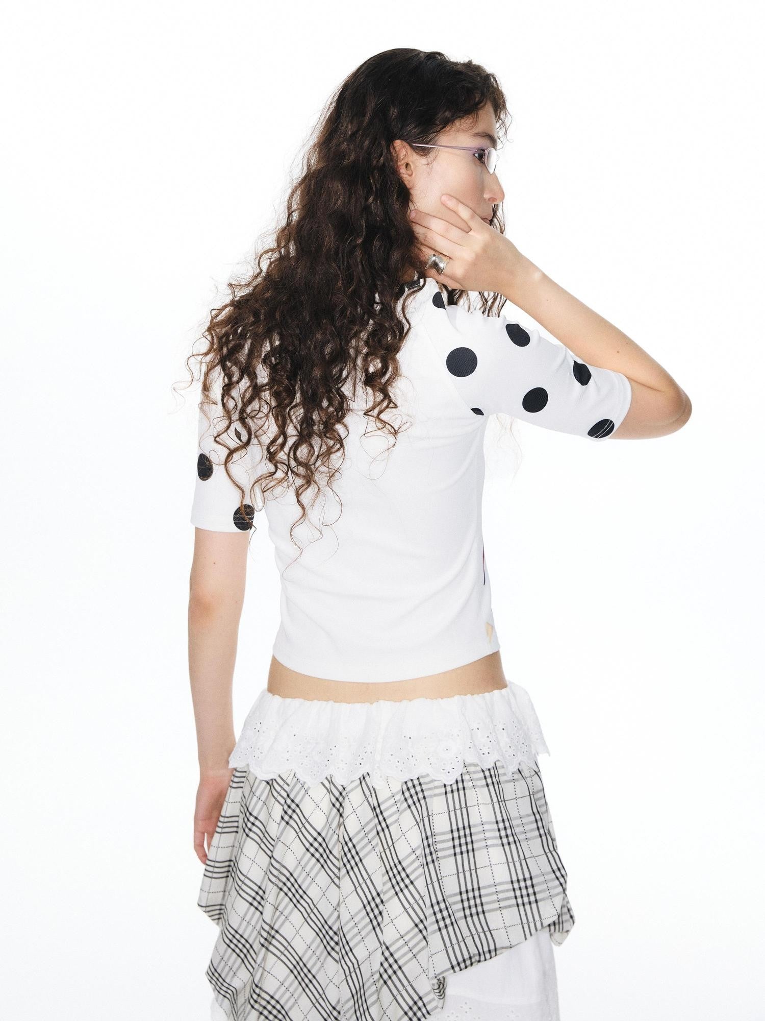 YOSHUYUKI Girlish Diamond Print Raglan Round Neck Women&