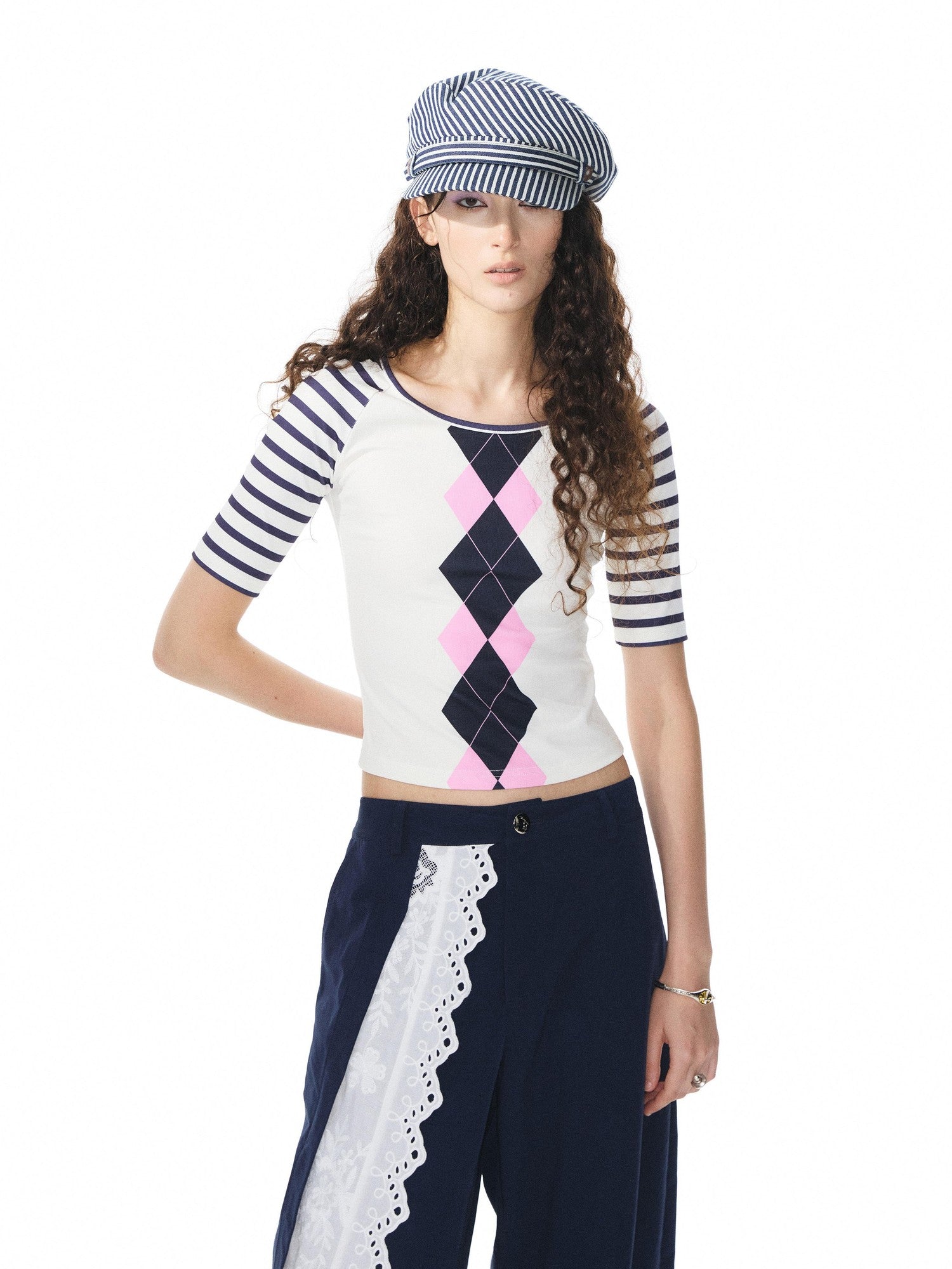 YOSHUYUKI Girlish Diamond Print Raglan Round Neck Women&
