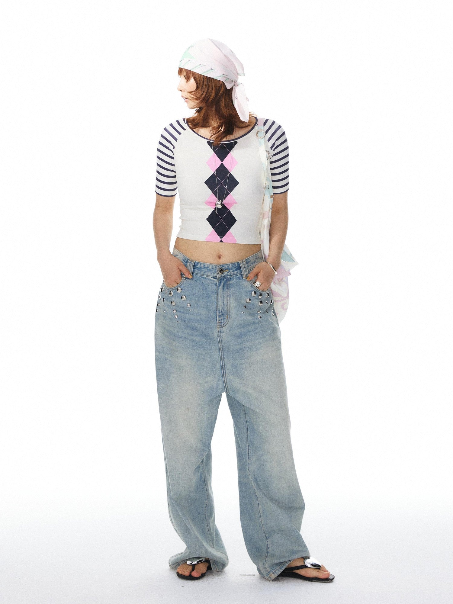 YOSHUYUKI Girlish Diamond Print Raglan Round Neck Women&