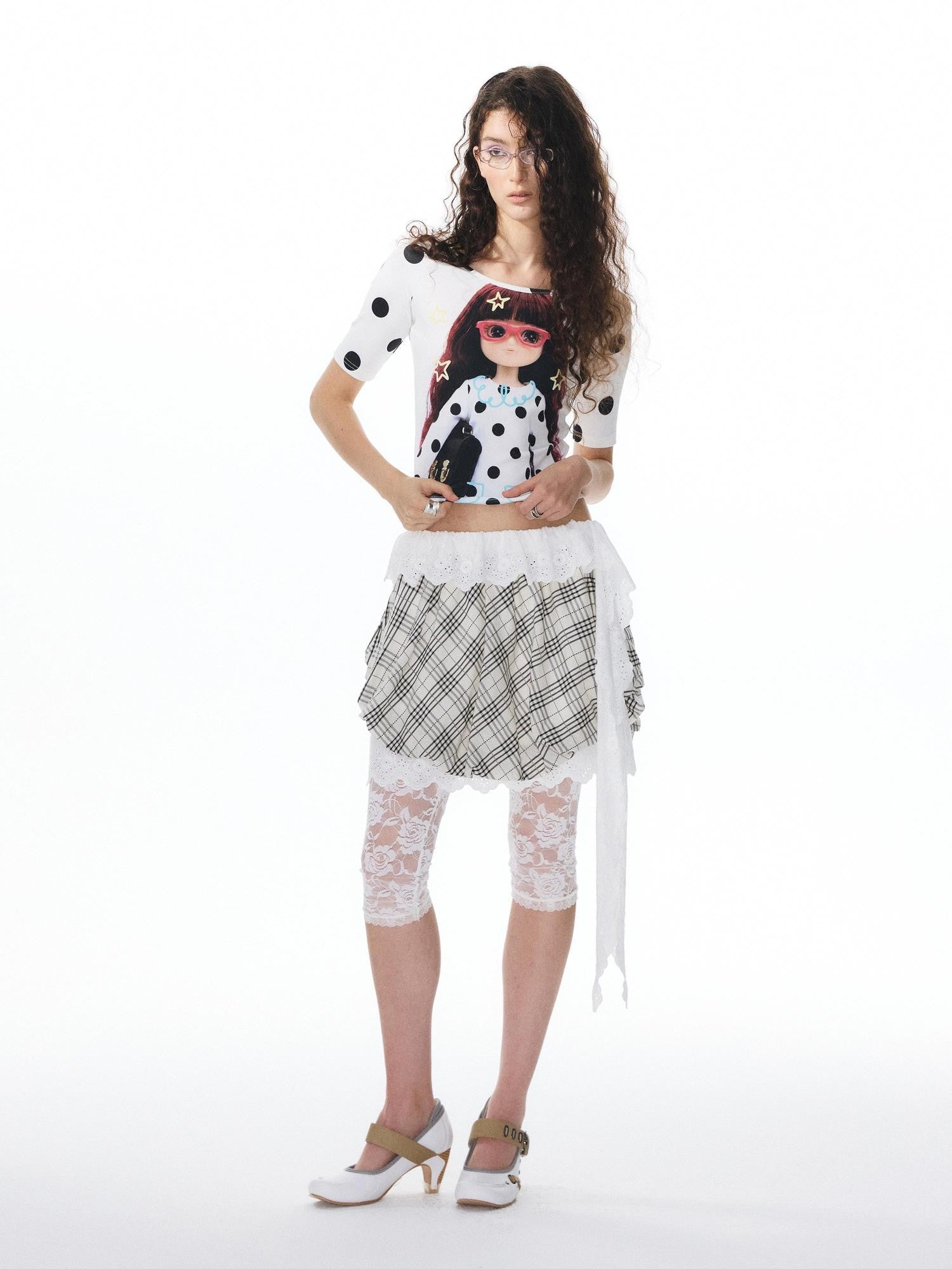 YOSHUYUKI Girlish Diamond Print Raglan Round Neck Women&