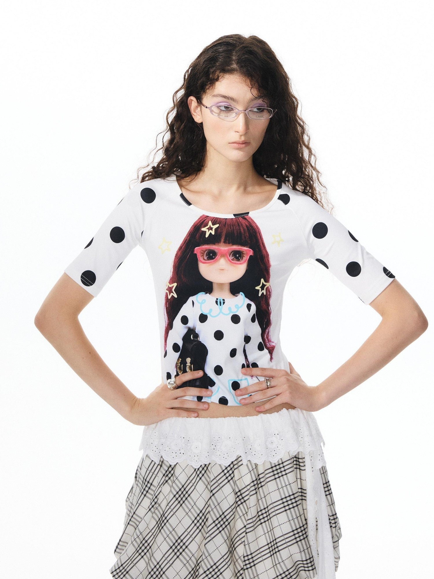 YOSHUYUKI Girlish Diamond Print Raglan Round Neck Women&