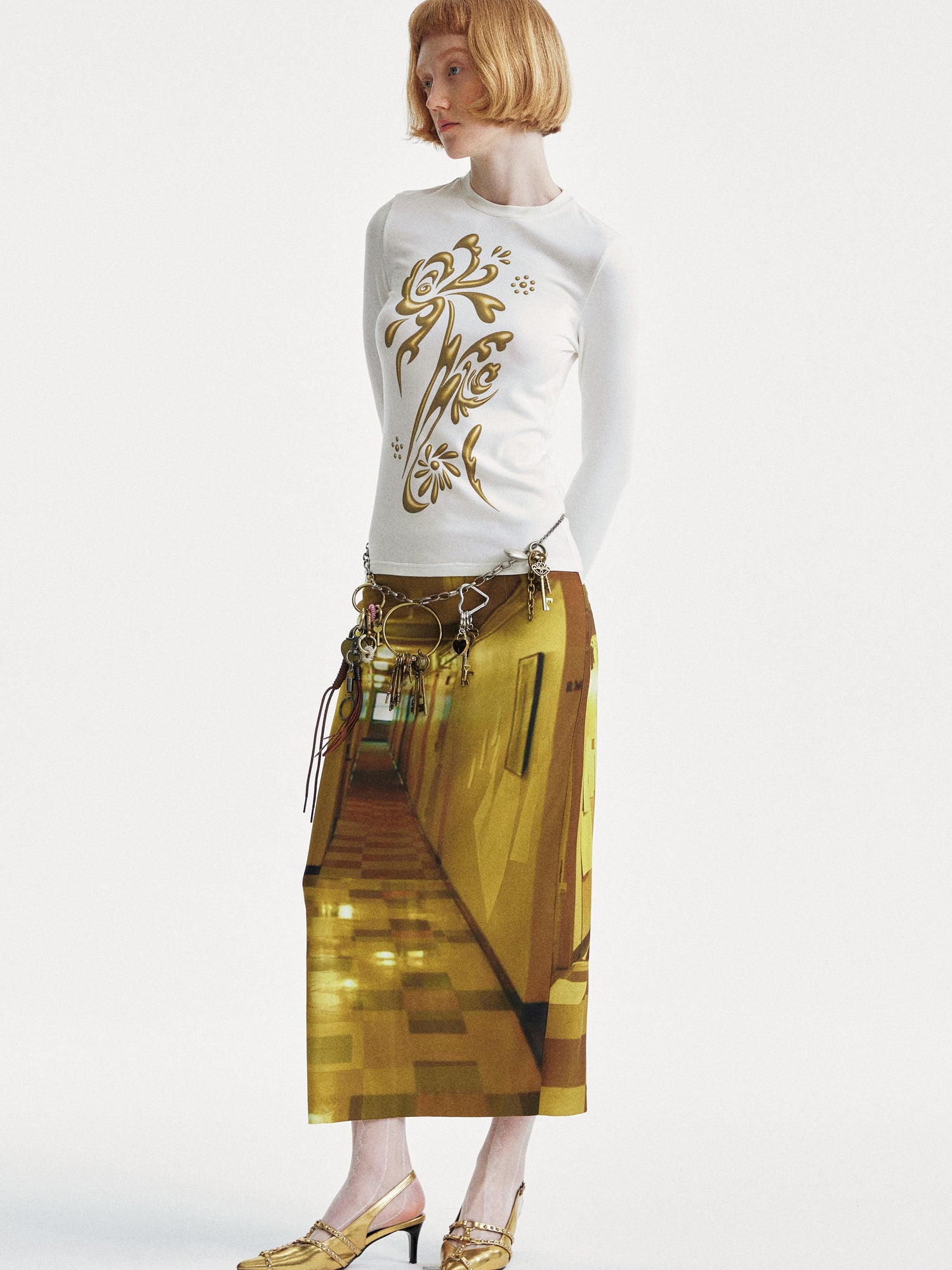 YOSHUYUKI Golden Corridor Print Low Waist Lace Skirt