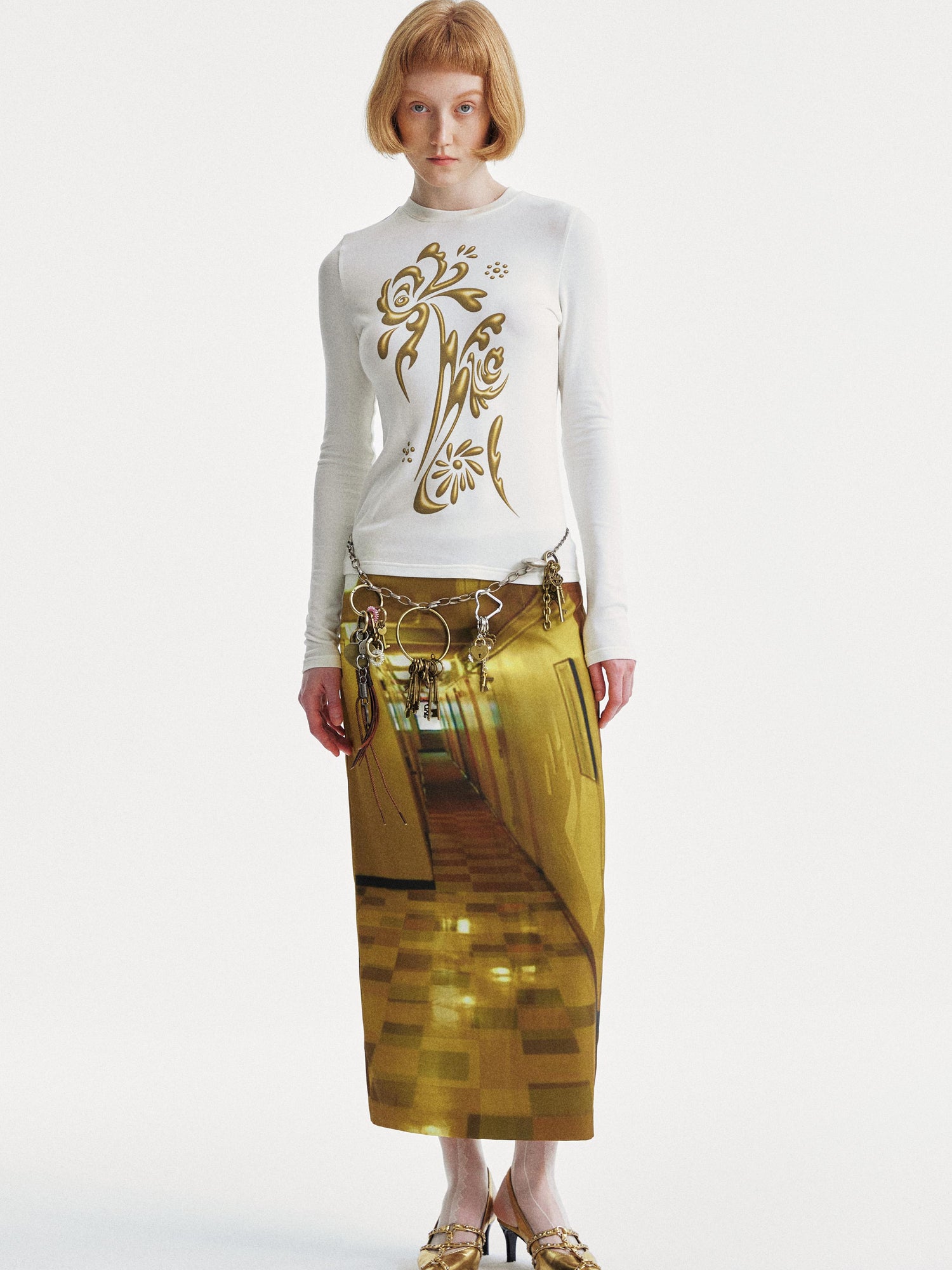 YOSHUYUKI Golden Corridor Print Low Waist Lace Skirt