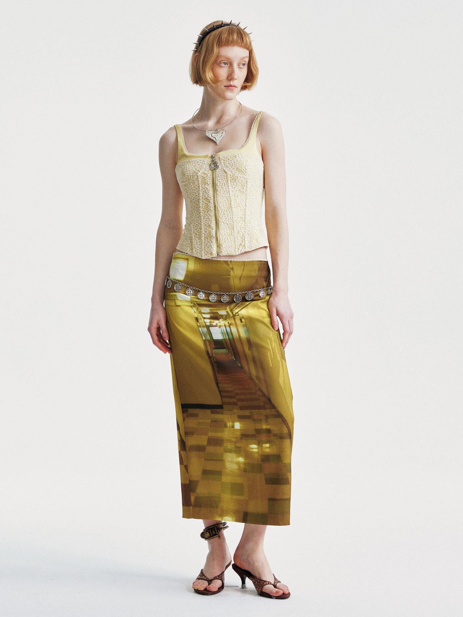 YOSHUYUKI Golden Corridor Print Low Waist Lace Skirt