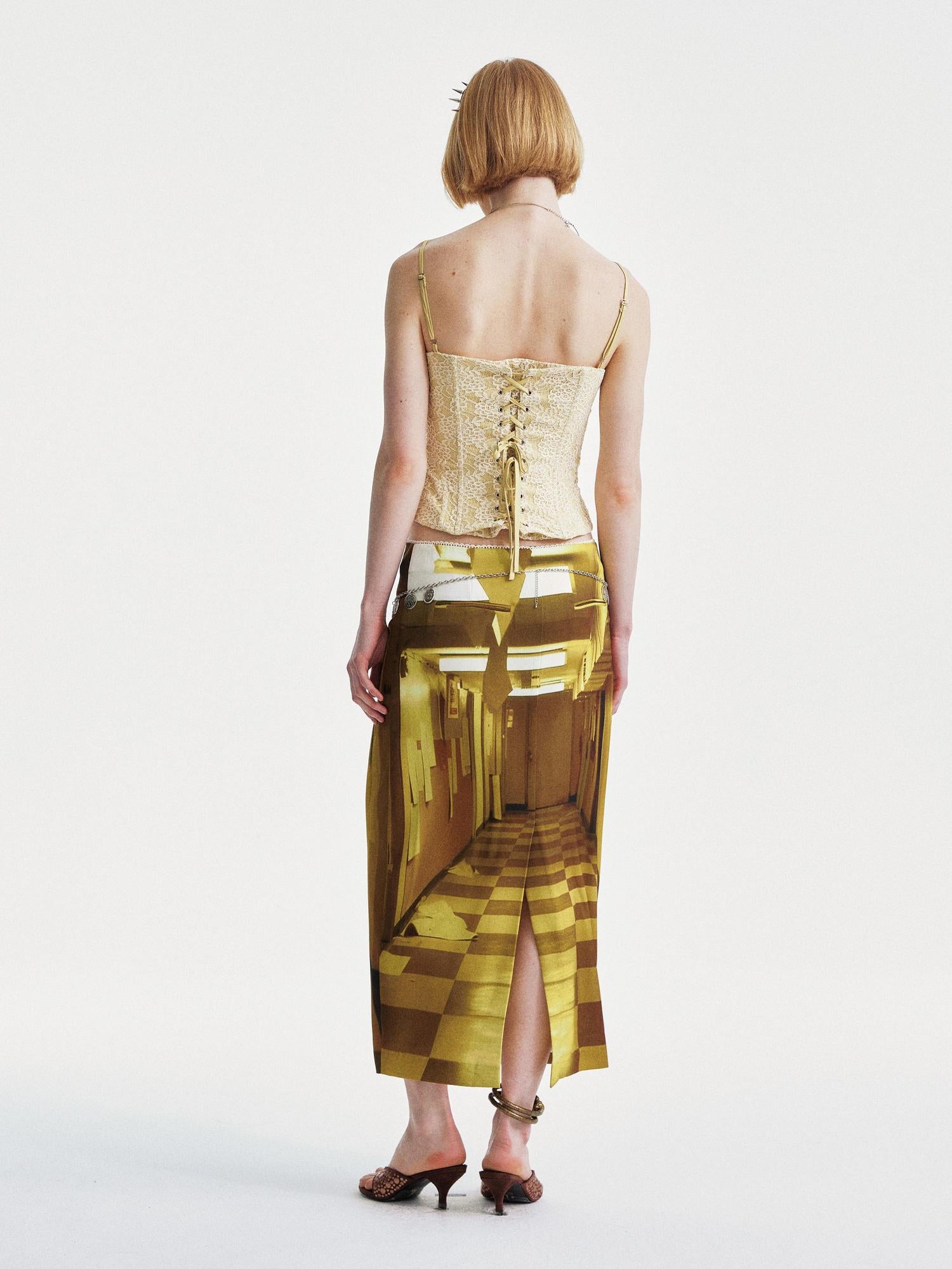 YOSHUYUKI Golden Corridor Print Low Waist Lace Skirt