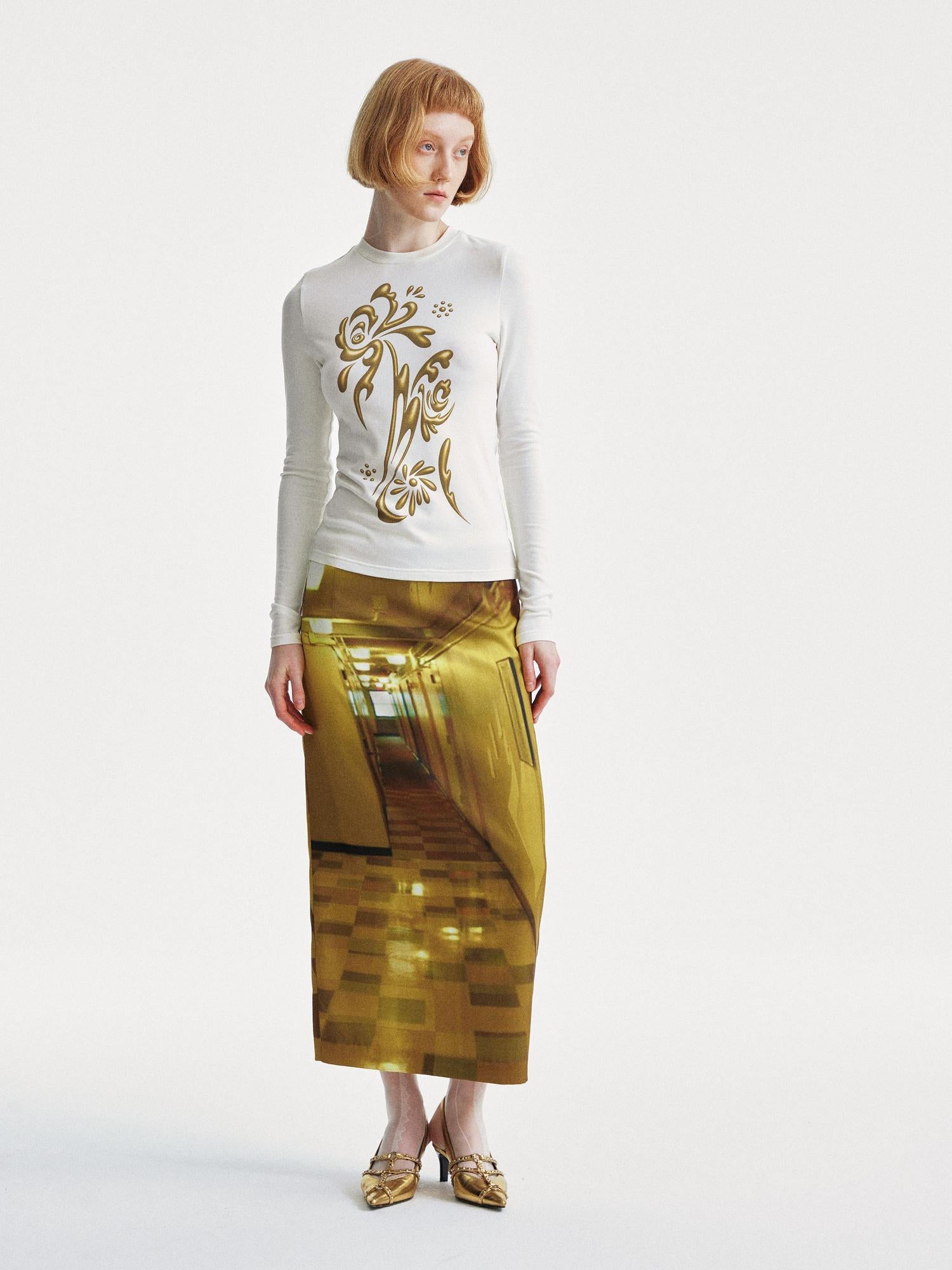 YOSHUYUKI Golden Corridor Print Low Waist Lace Skirt
