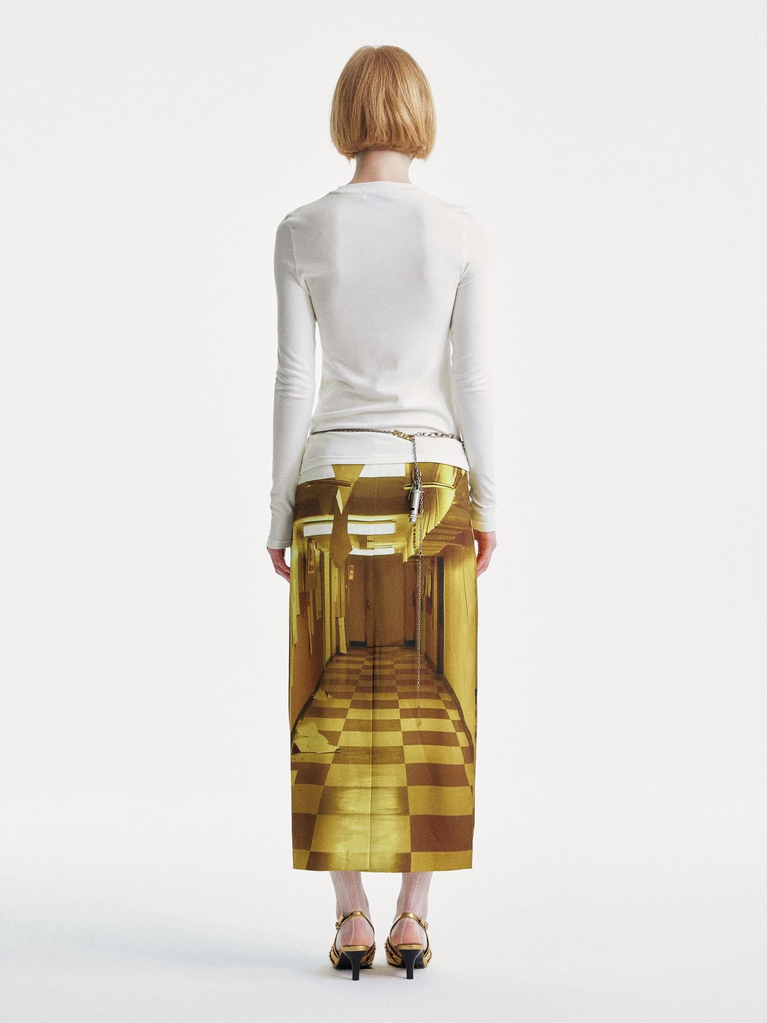 YOSHUYUKI Golden Corridor Print Low Waist Lace Skirt