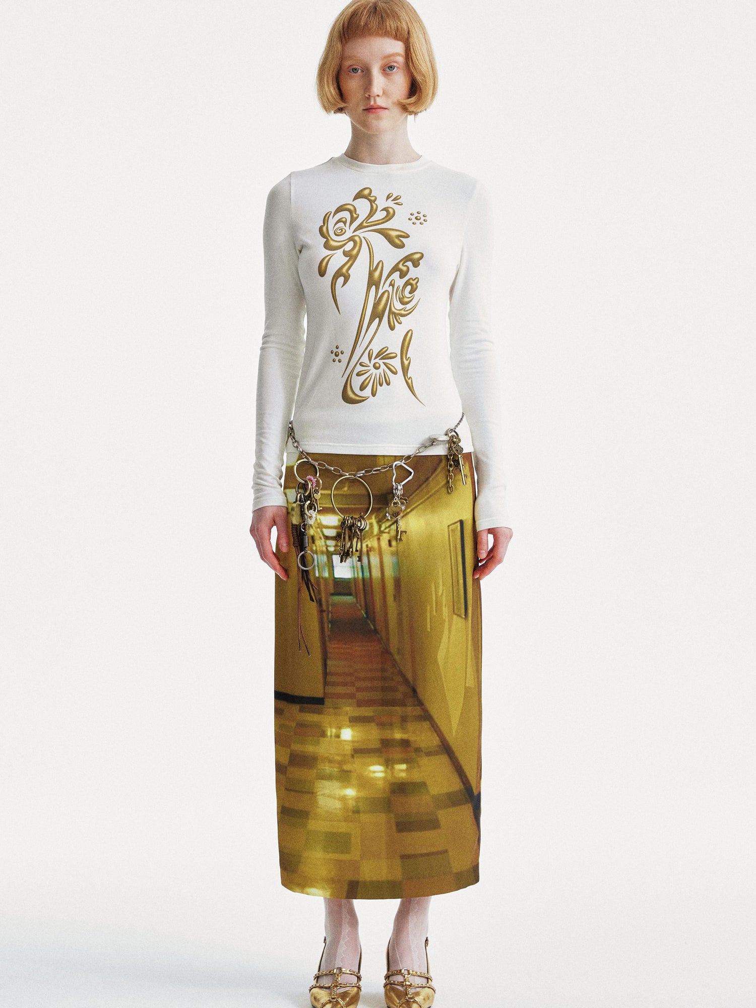 YOSHUYUKI Golden Corridor Print Low Waist Lace Skirt