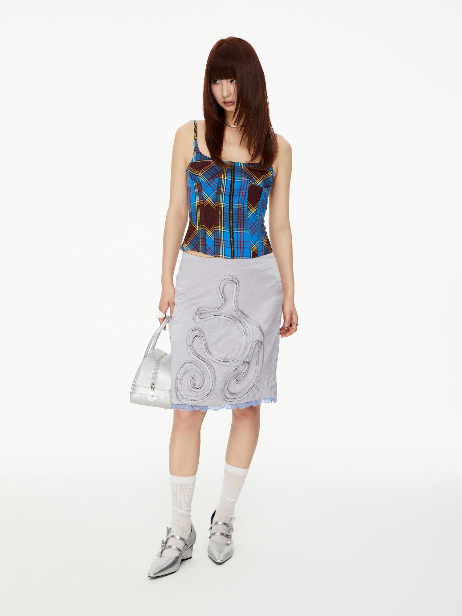 YOSHUYUKI Grey Acetate Pleated Lace Trimmed Skirt