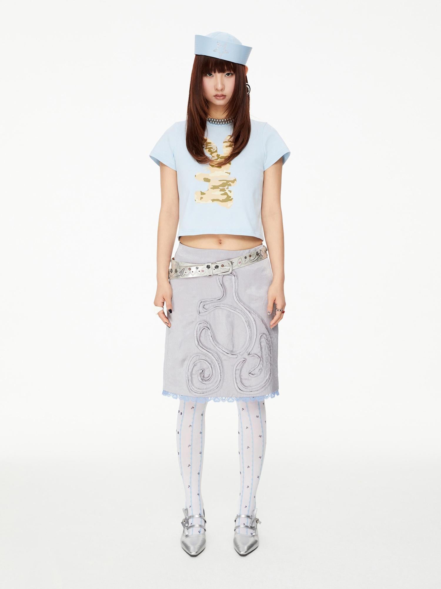 YOSHUYUKI Grey Acetate Pleated Lace Trimmed Skirt