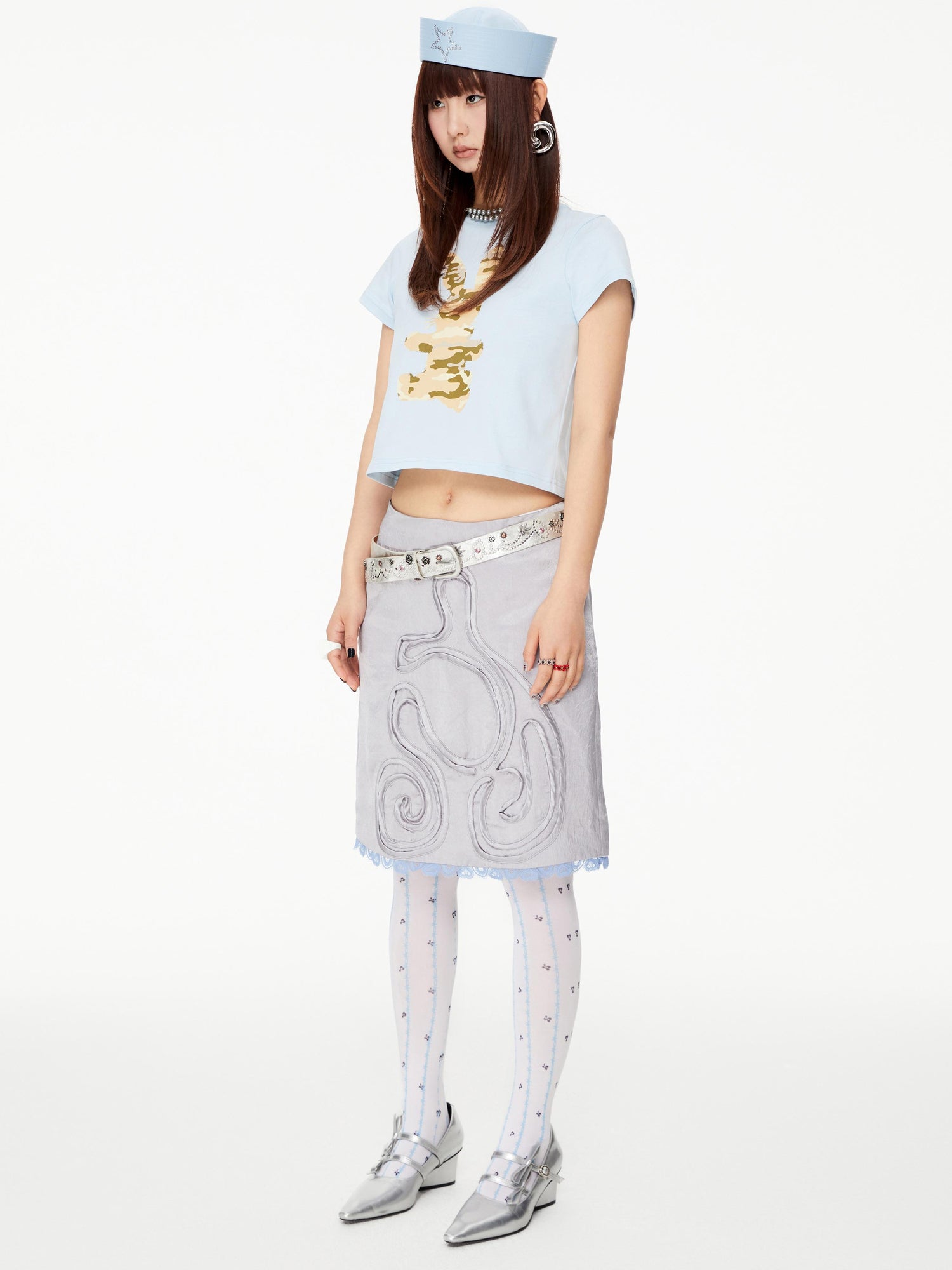 YOSHUYUKI Grey Acetate Pleated Lace Trimmed Skirt