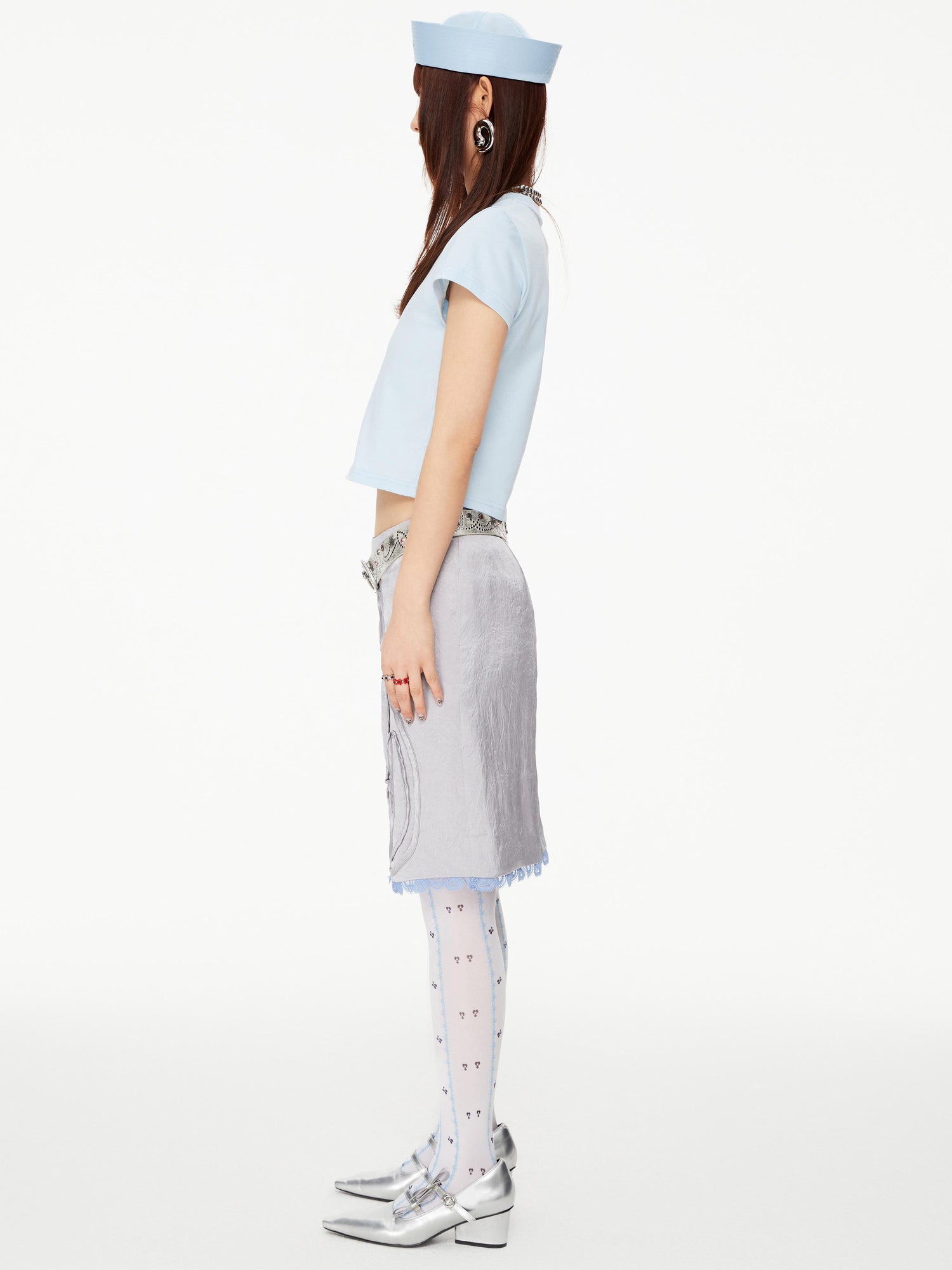 YOSHUYUKI Grey Acetate Pleated Lace Trimmed Skirt