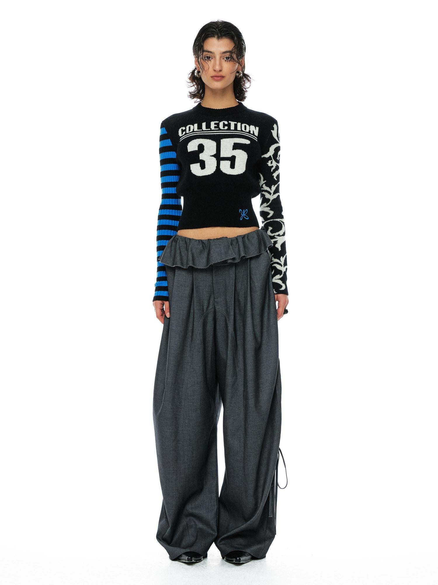 YOSHUYUKI Grey Wool Tapered Trousers With Lace Trim