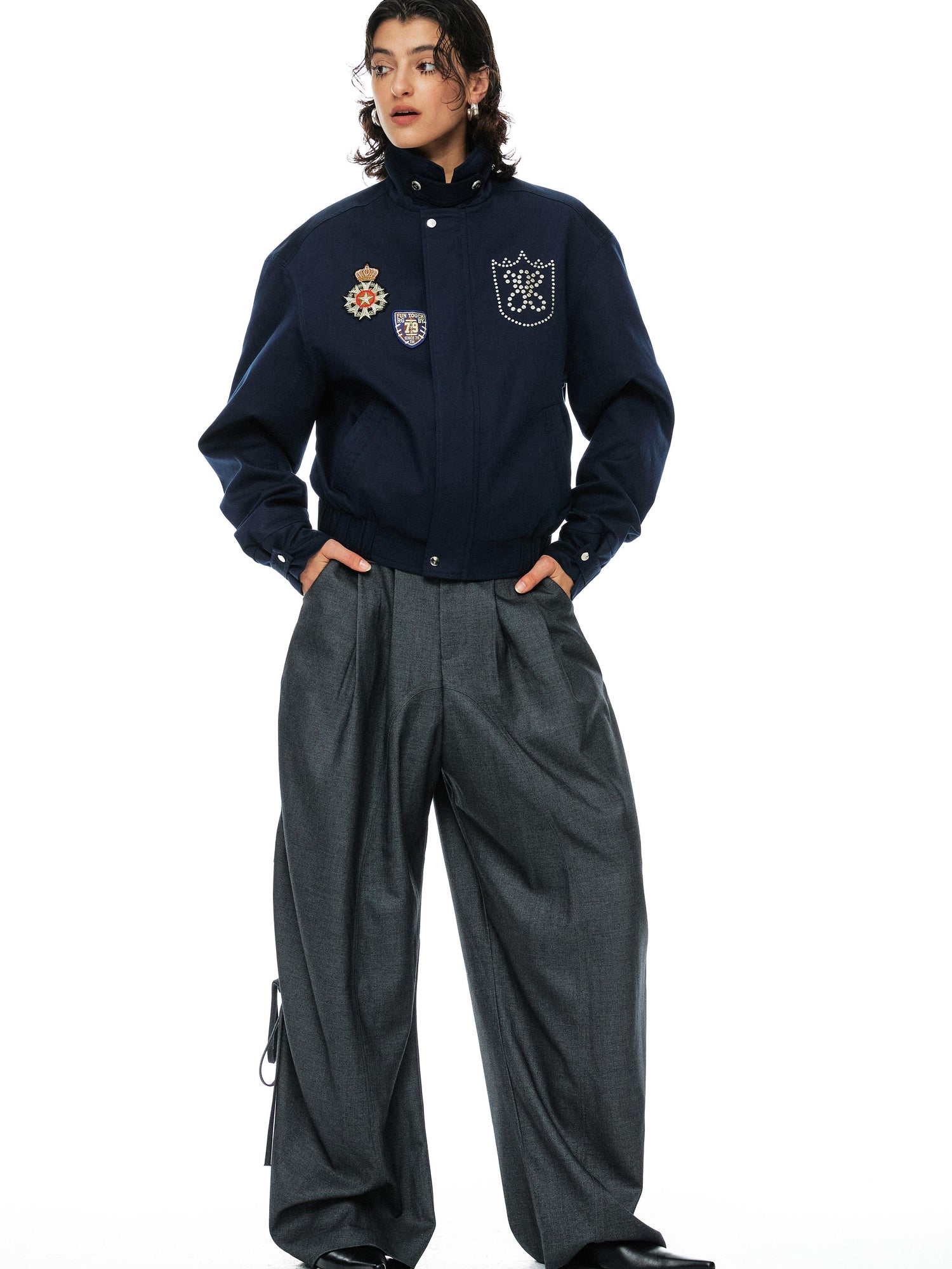 YOSHUYUKI Grey Wool Tapered Trousers With Lace Trim