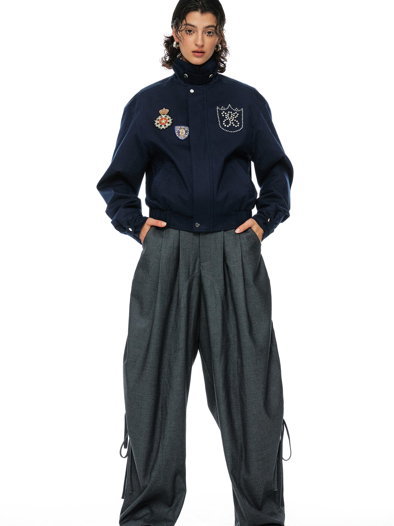 YOSHUYUKI Grey Wool Tapered Trousers With Lace Trim