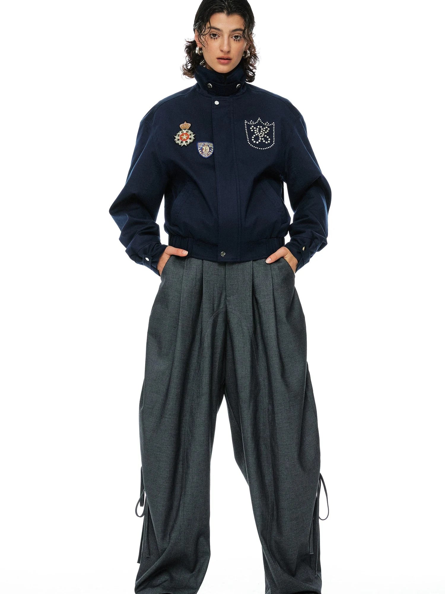Grey Wool Tapered Trousers With Lace Trim