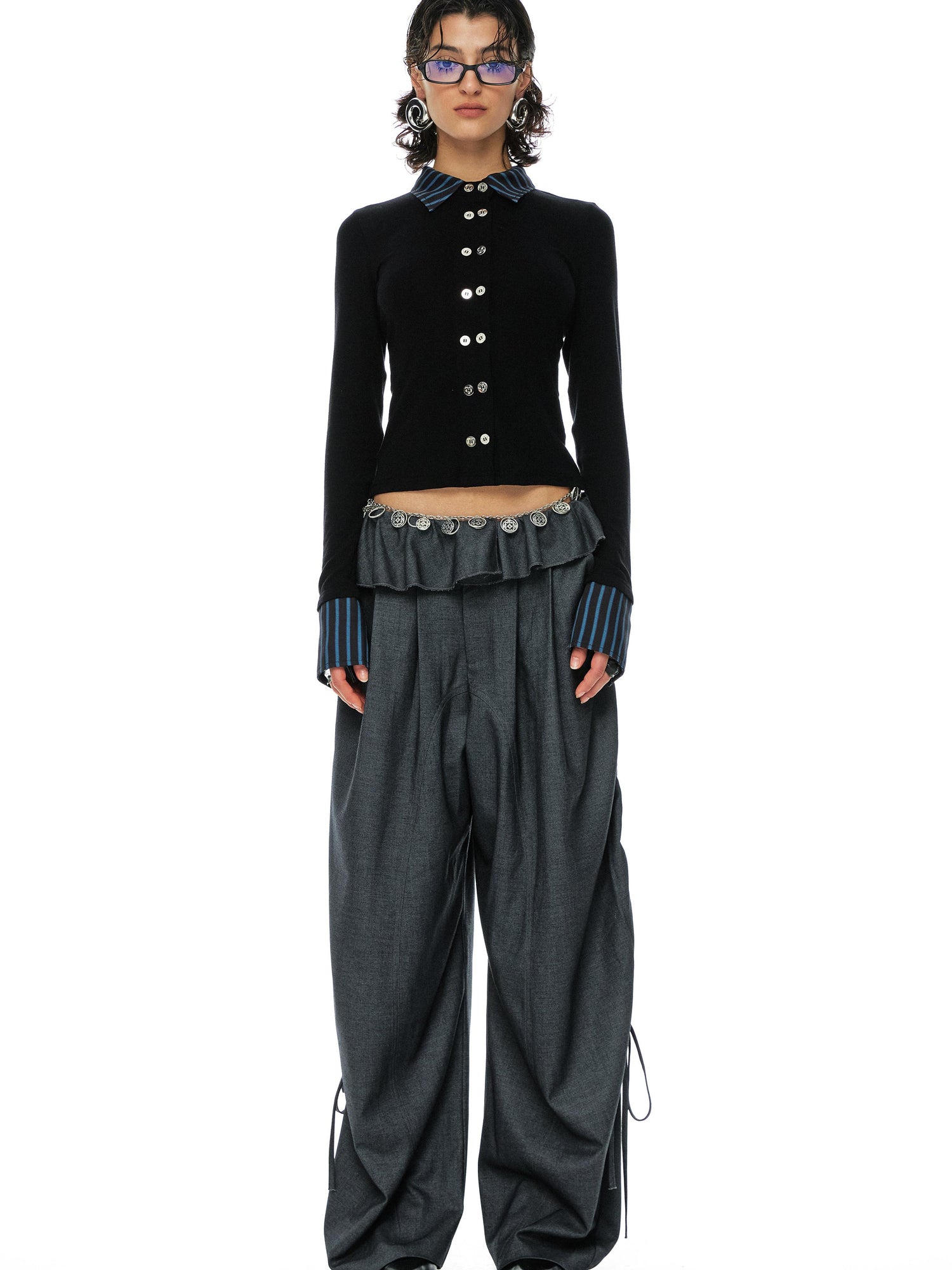 YOSHUYUKI Grey Wool Tapered Trousers With Lace Trim