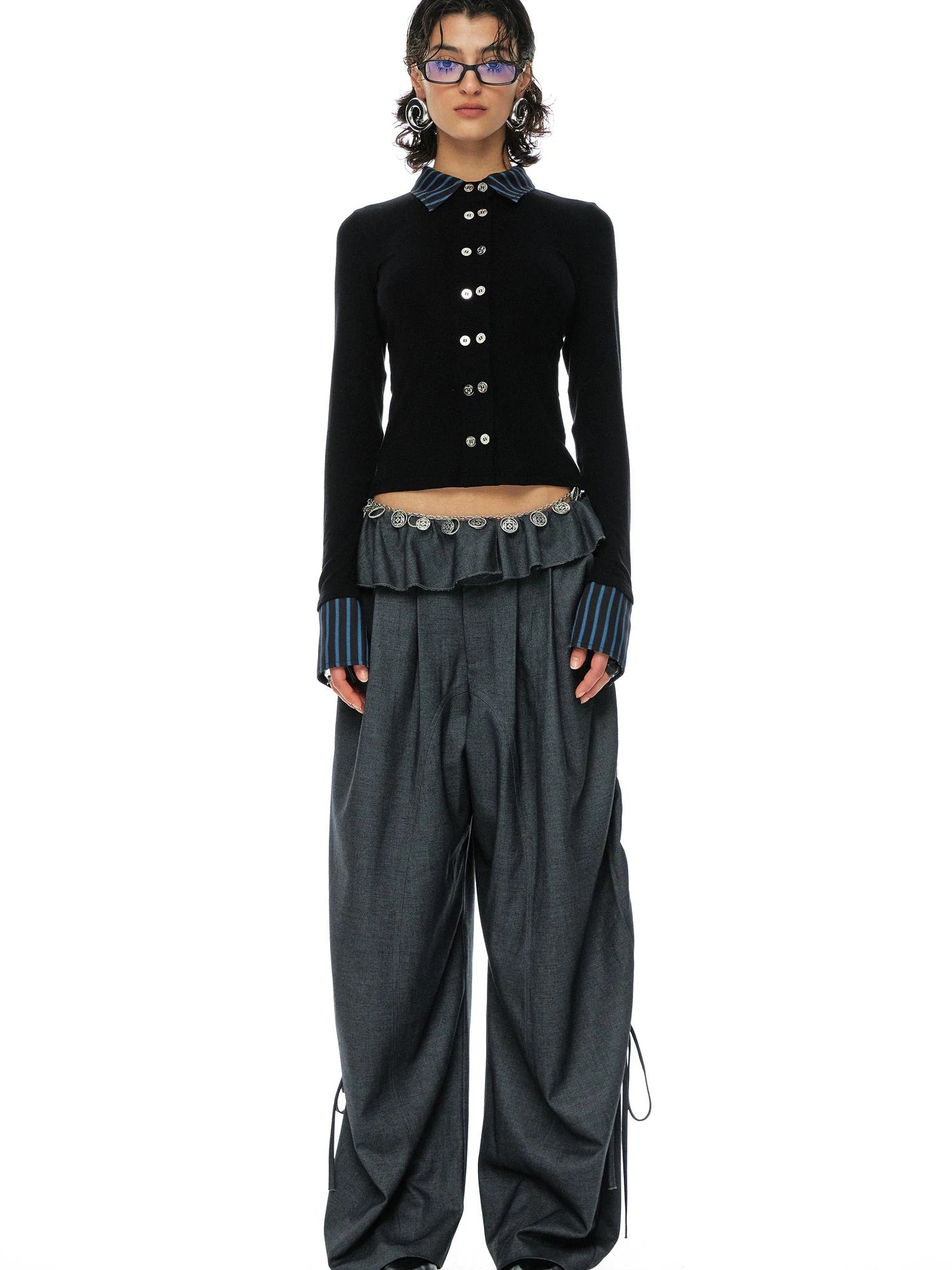 Grey Wool Tapered Trousers With Lace Trim