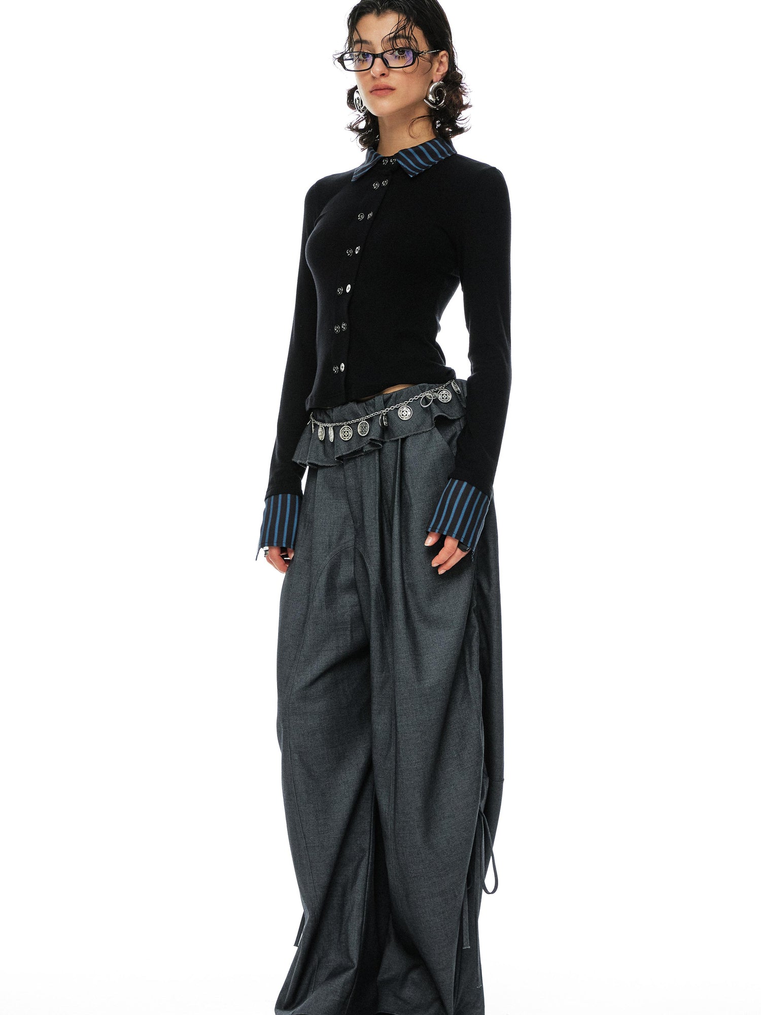 YOSHUYUKI Grey Wool Tapered Trousers With Lace Trim
