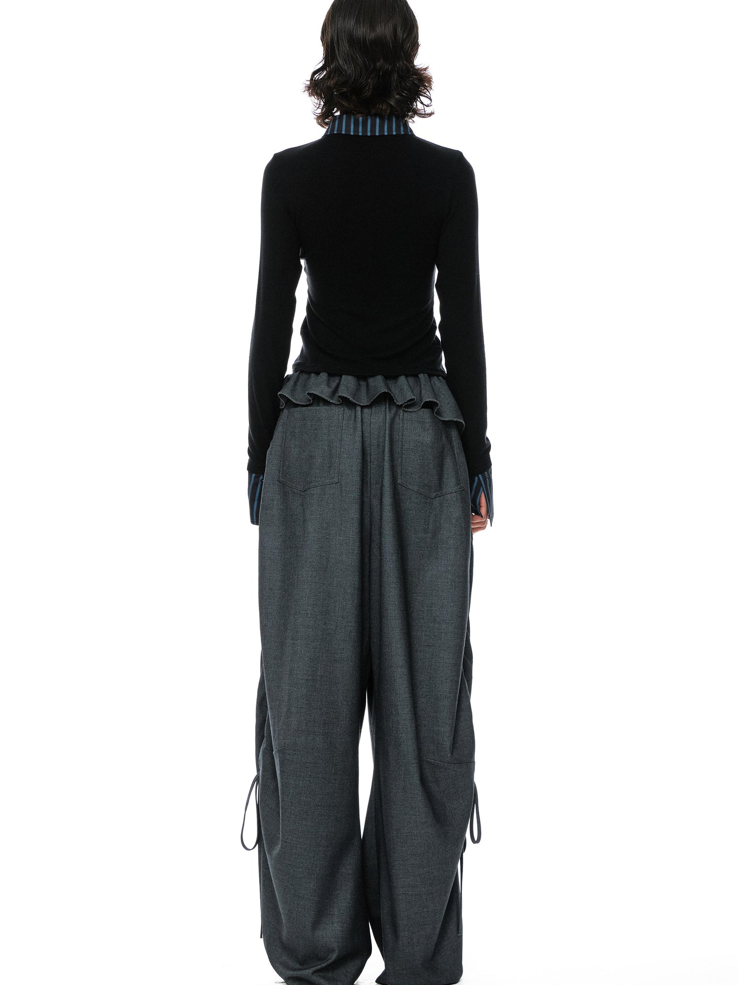 YOSHUYUKI Grey Wool Tapered Trousers With Lace Trim