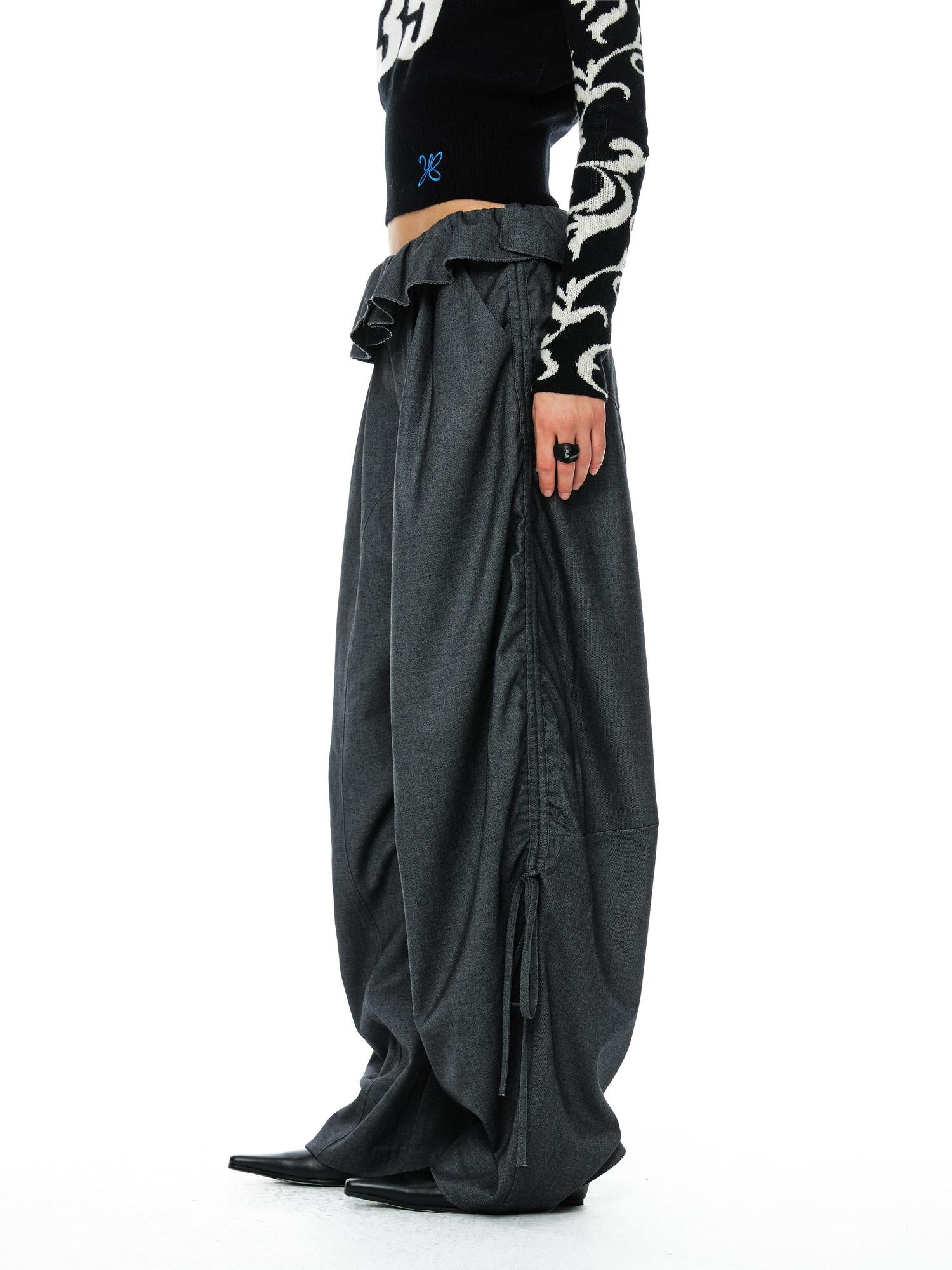 YOSHUYUKI Grey Wool Tapered Trousers With Lace Trim