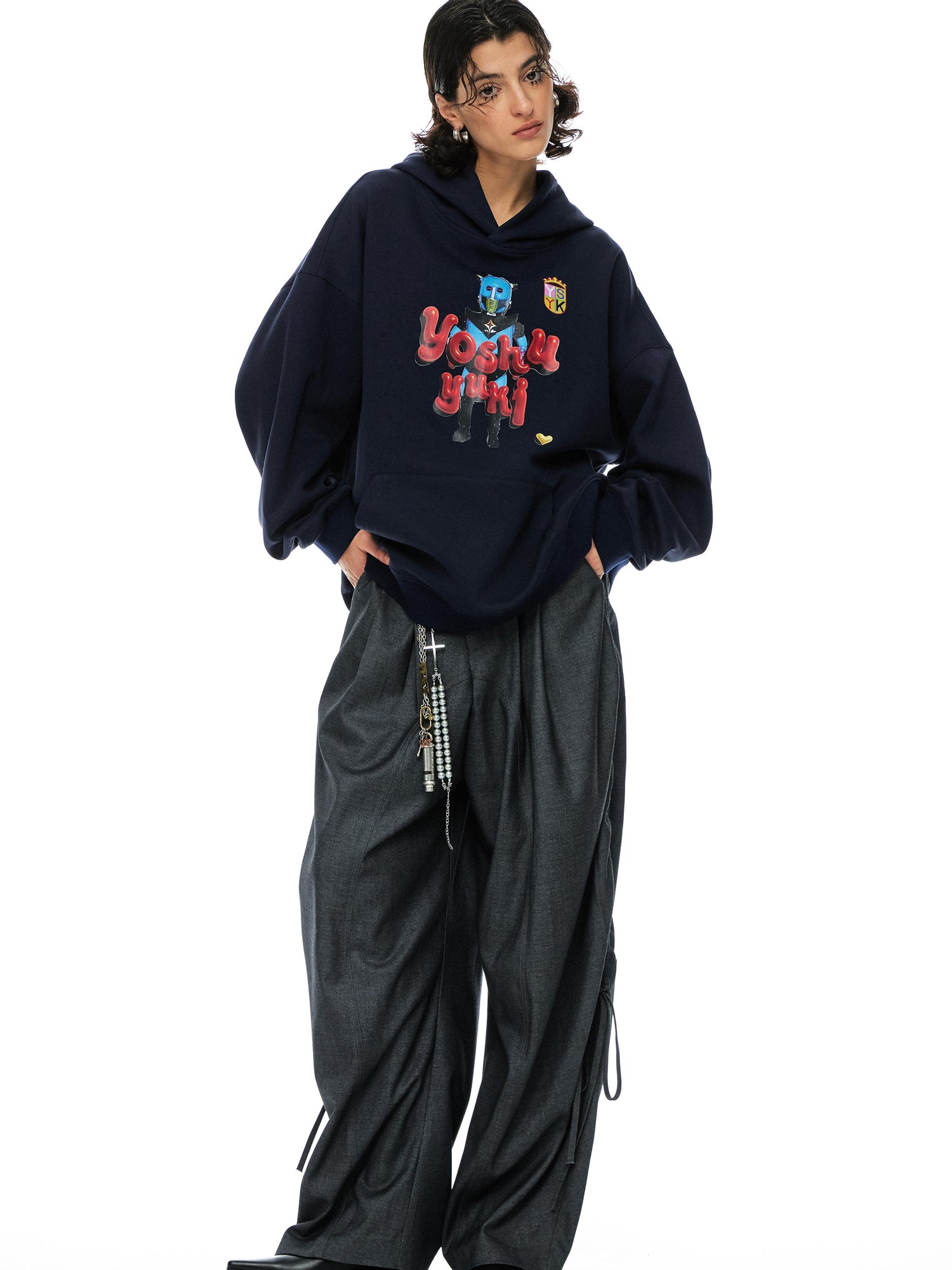 YOSHUYUKI Grey Wool Tapered Trousers With Lace Trim
