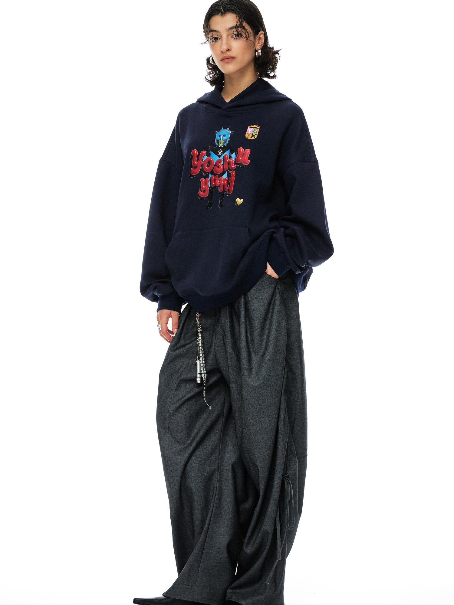 YOSHUYUKI Grey Wool Tapered Trousers With Lace Trim