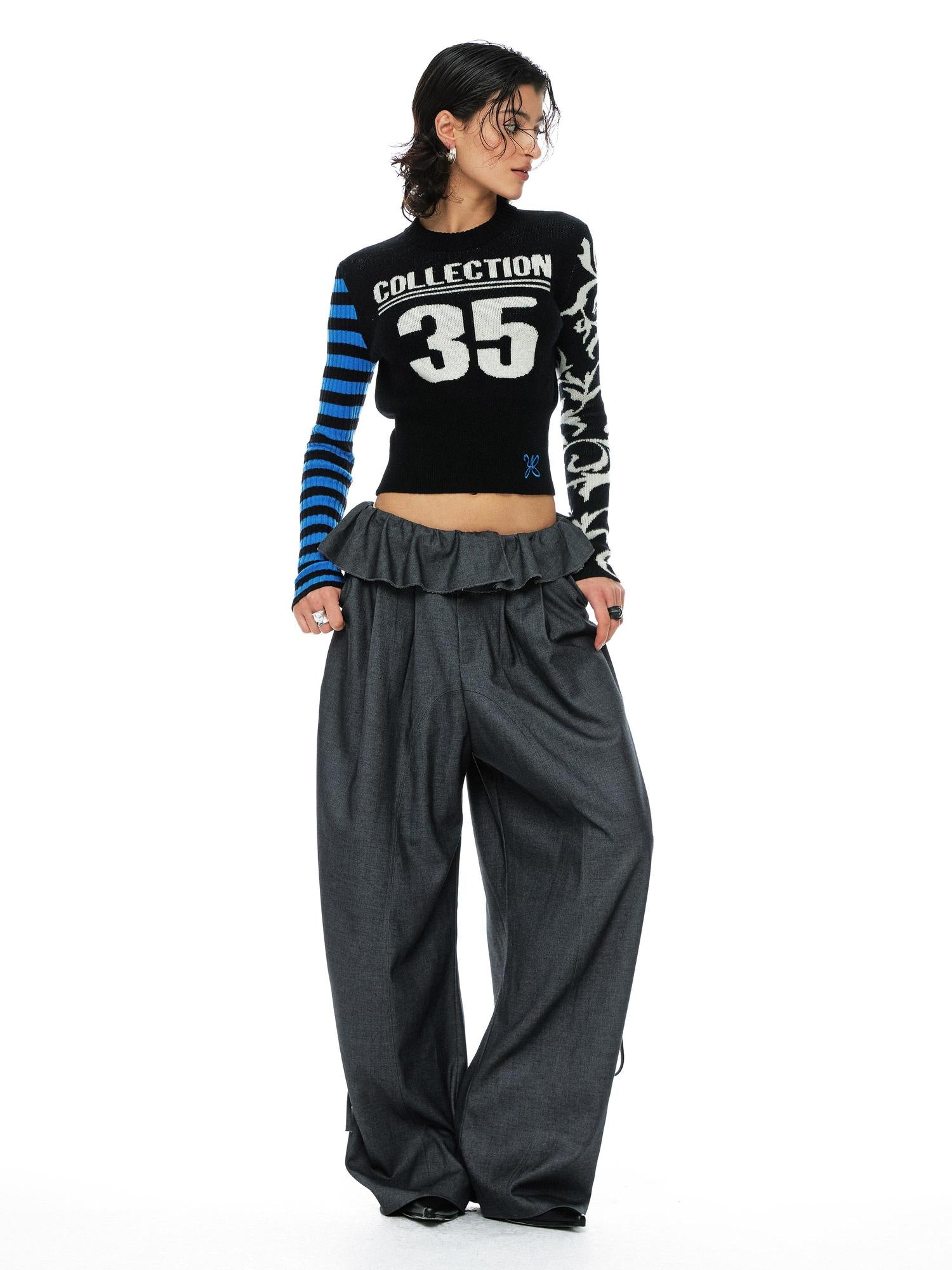 YOSHUYUKI Grey Wool Tapered Trousers With Lace Trim