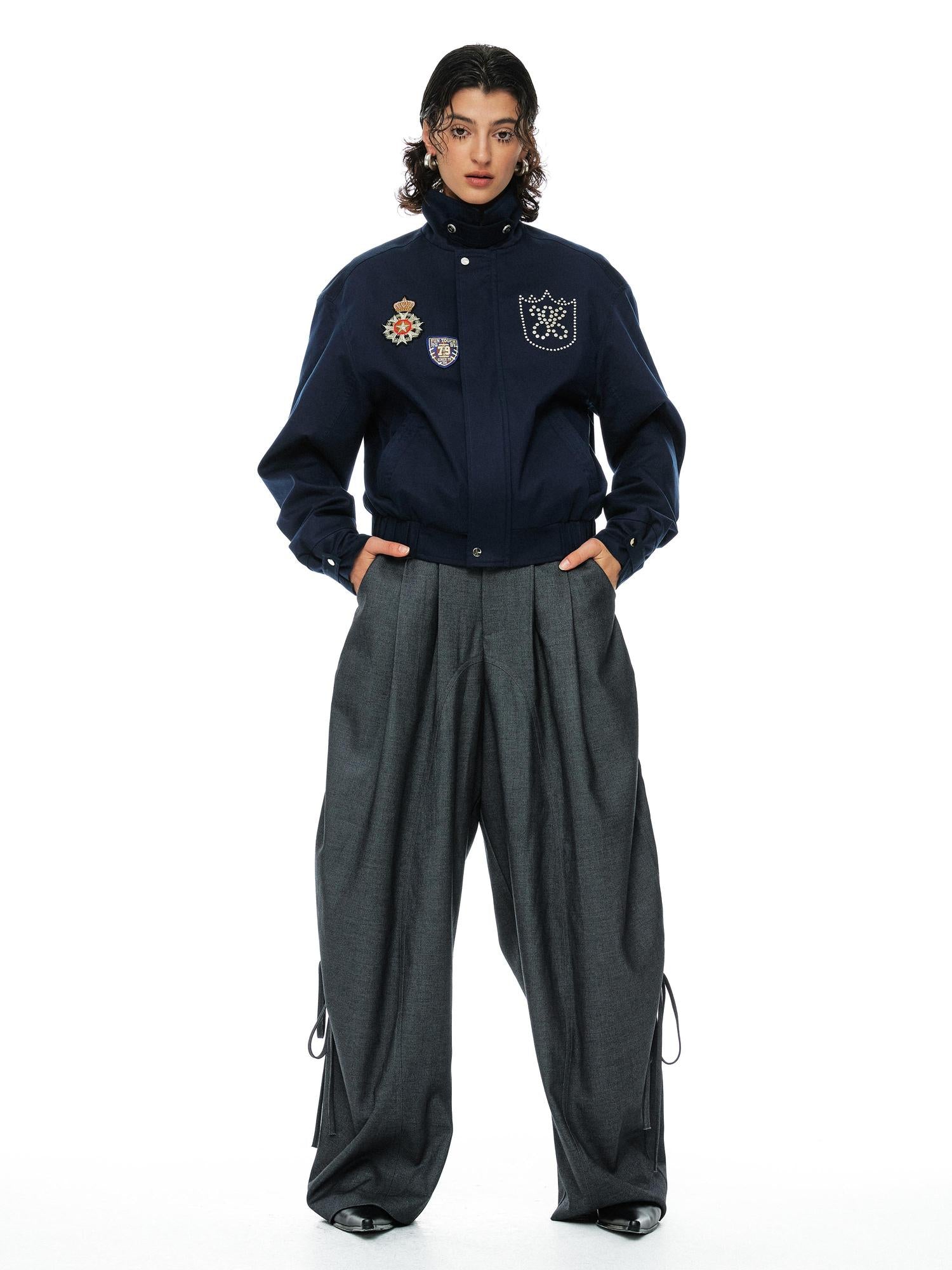YOSHUYUKI Grey Wool Tapered Trousers With Lace Trim
