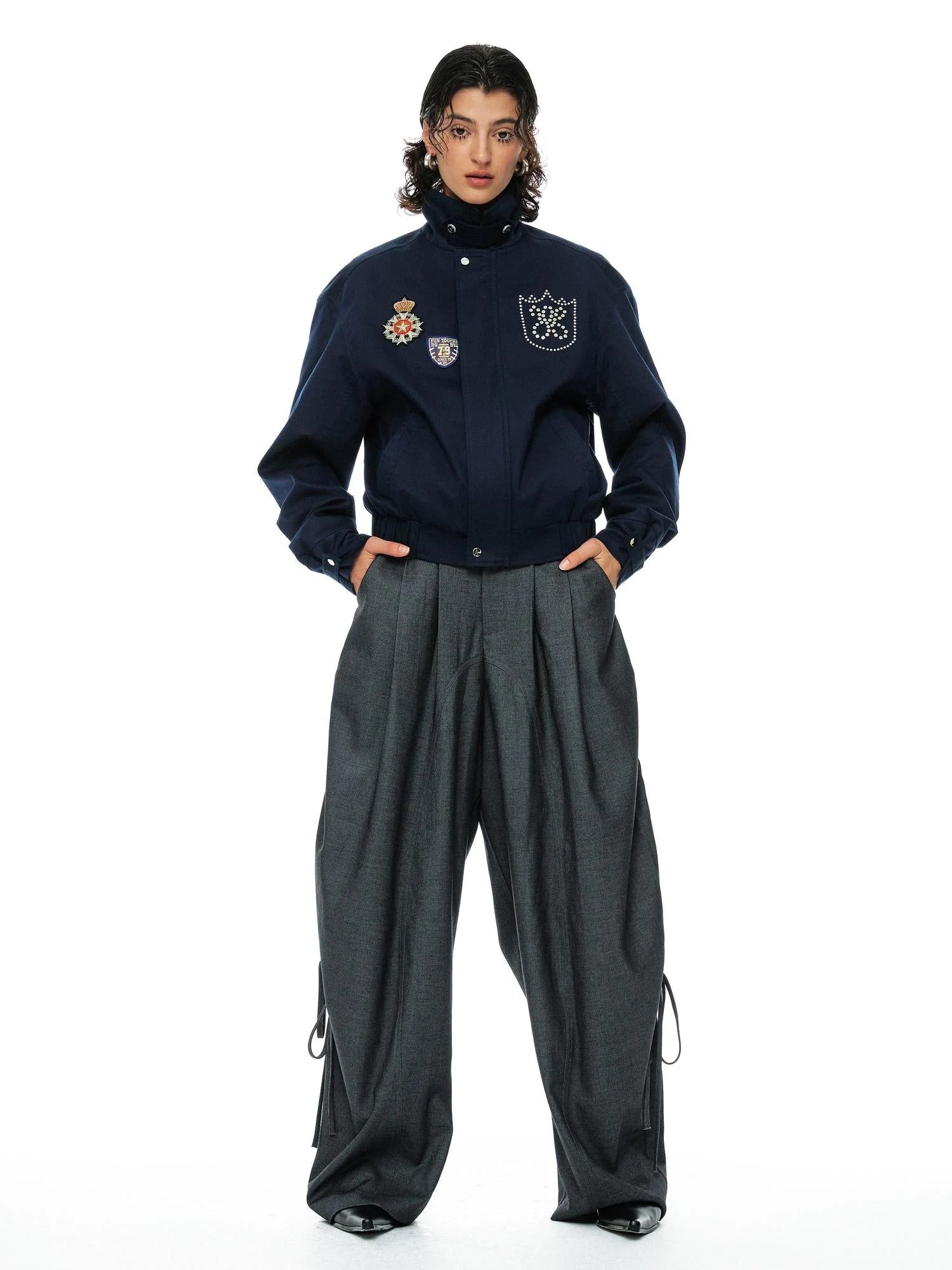 Grey Wool Tapered Trousers With Lace Trim