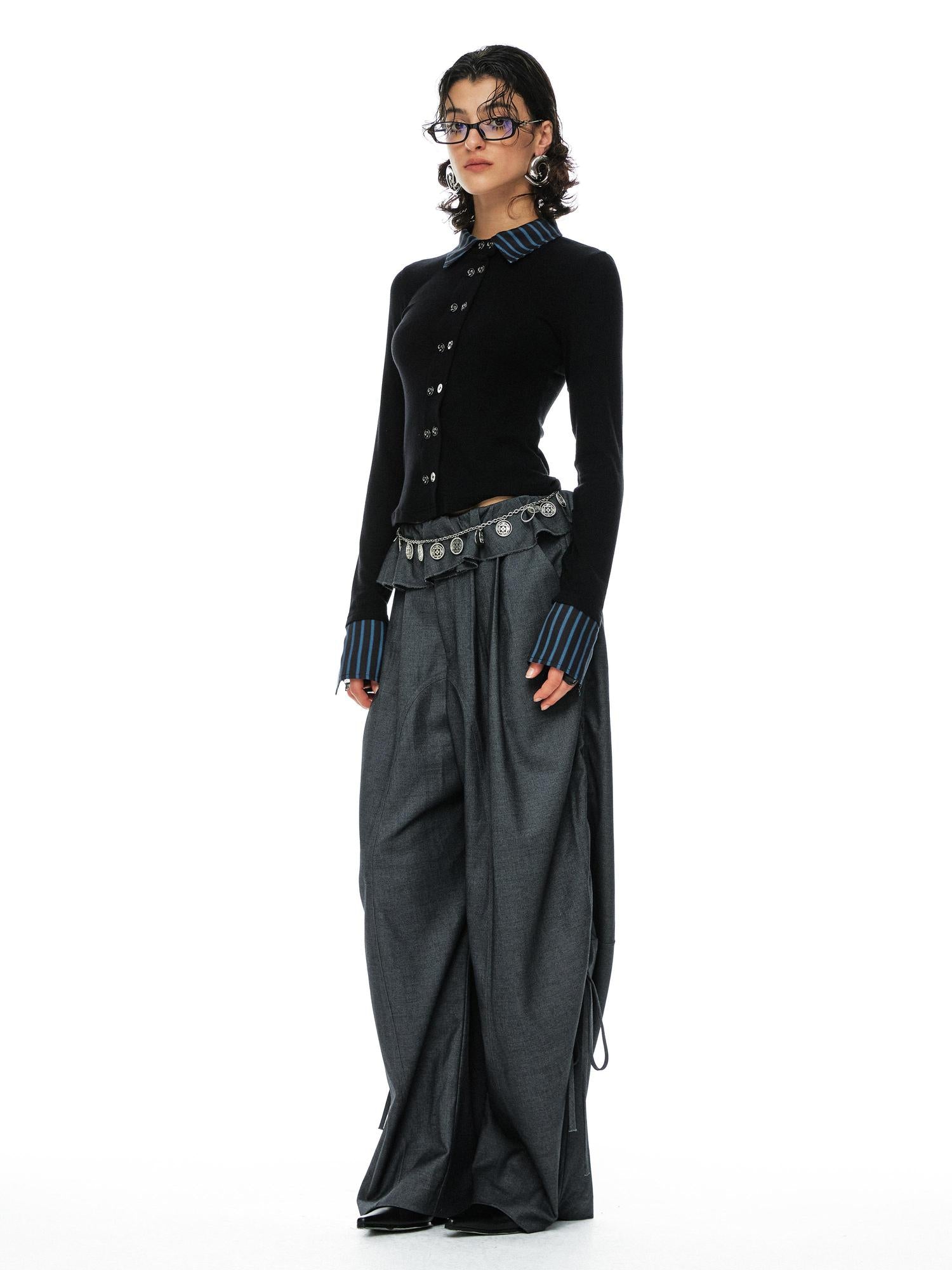 YOSHUYUKI Grey Wool Tapered Trousers With Lace Trim