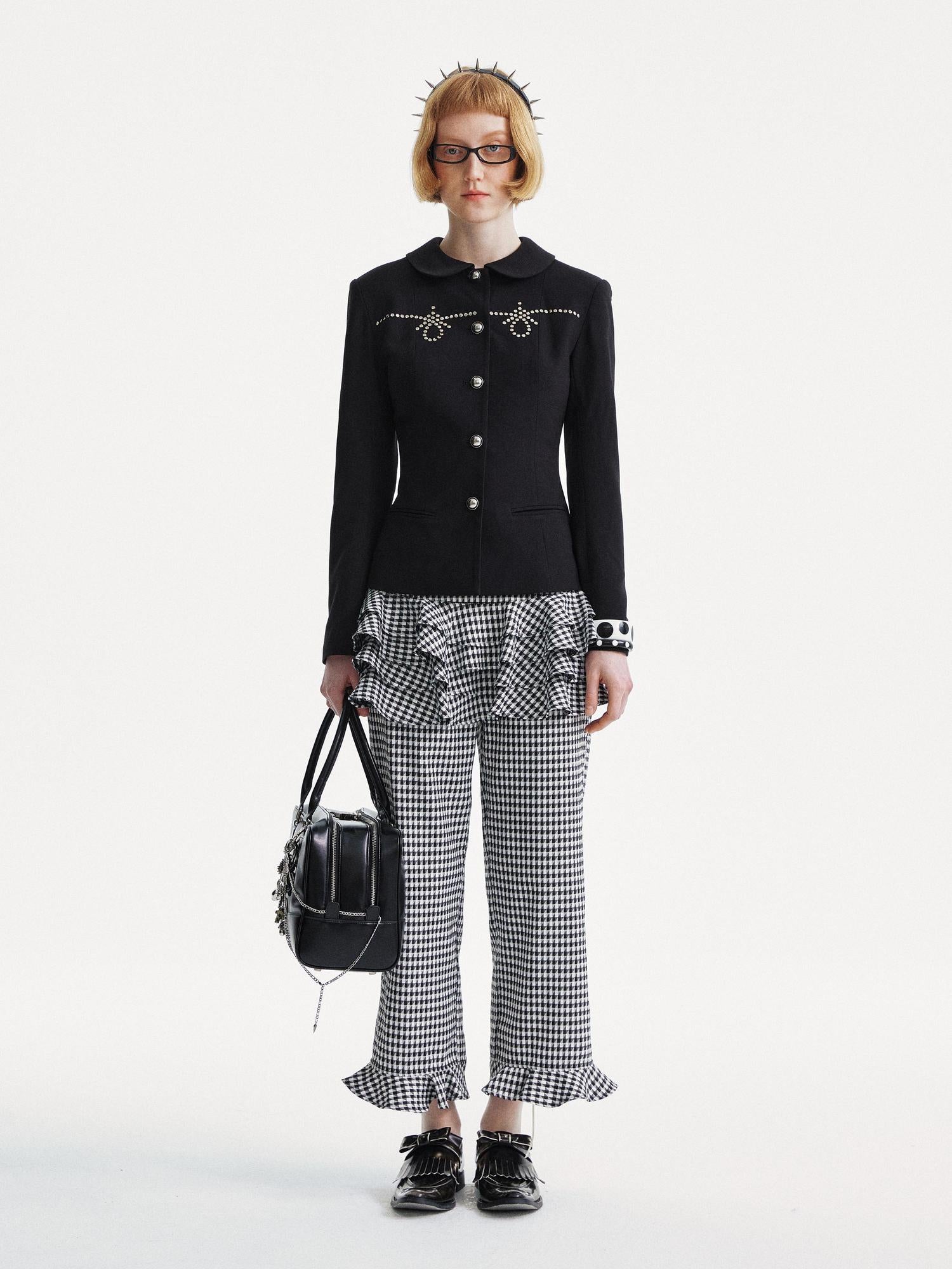 YOSHUYUKI Houndstooth High Waist Lace Trim Culottes