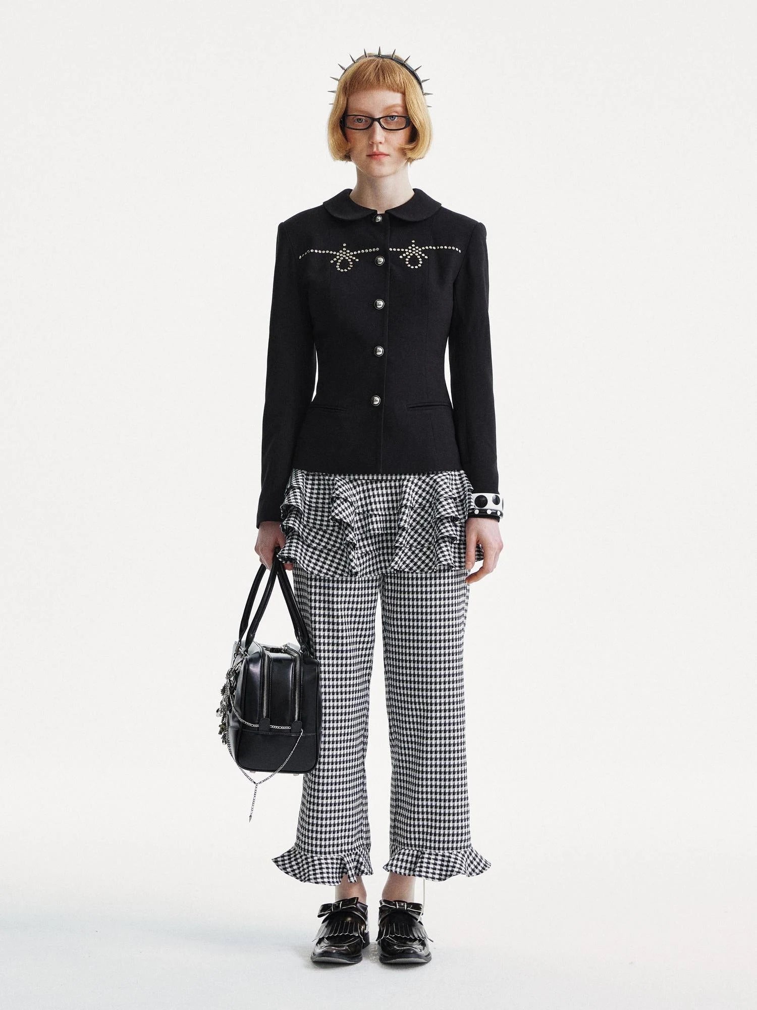 Houndstooth High Waist Lace Trim Culottes
