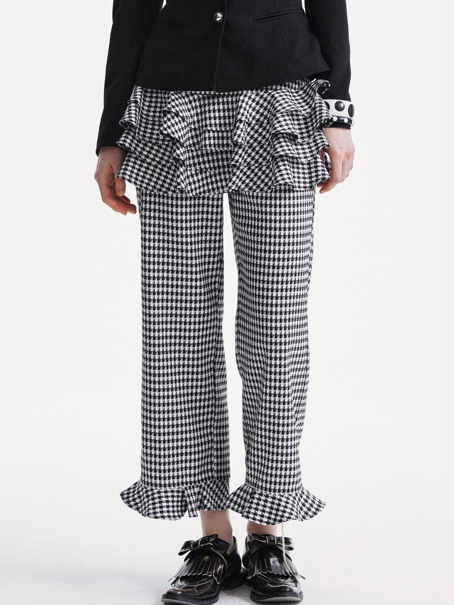 YOSHUYUKI Houndstooth High Waist Lace Trim Culottes