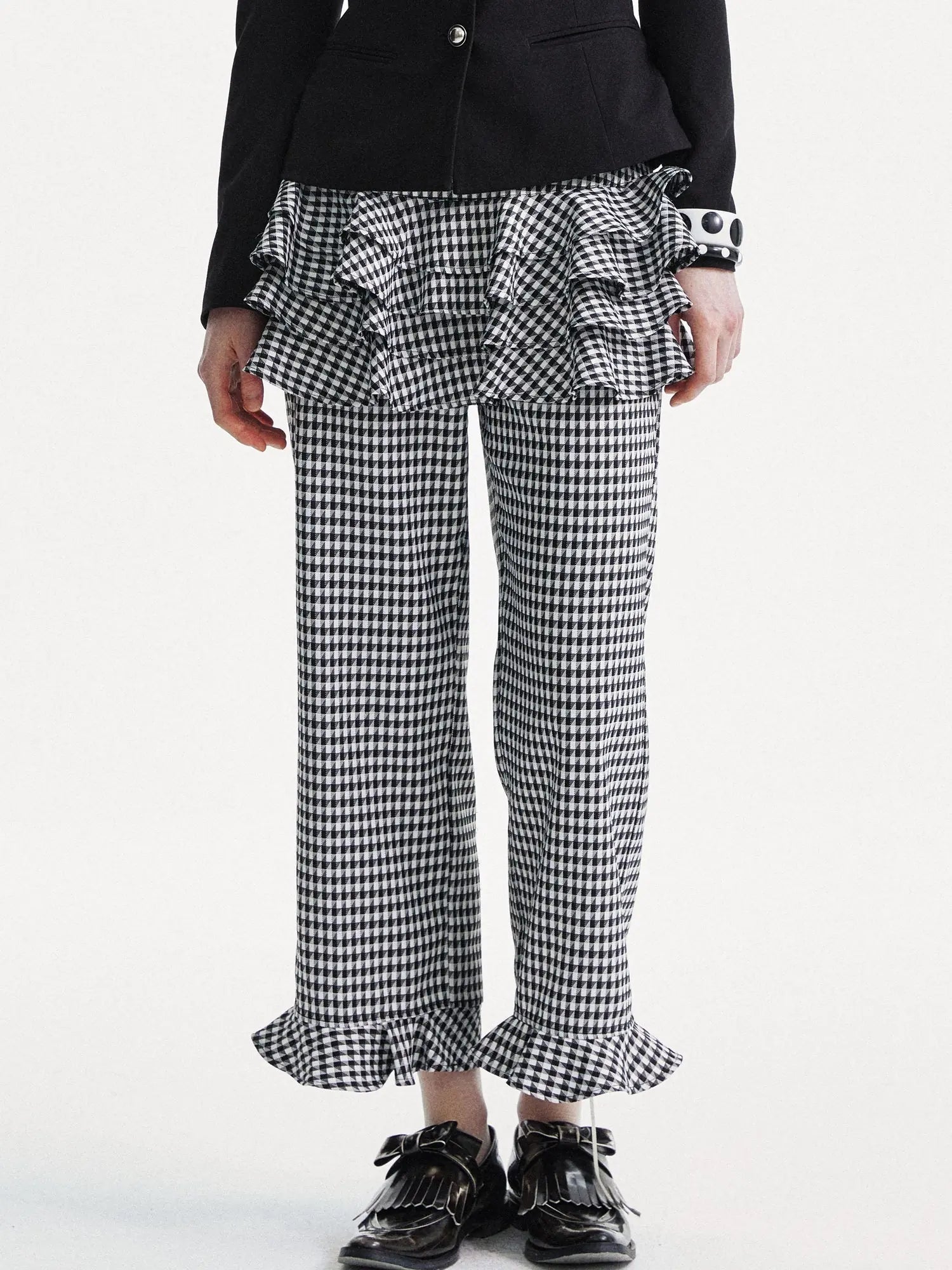 Houndstooth High Waist Lace Trim Culottes