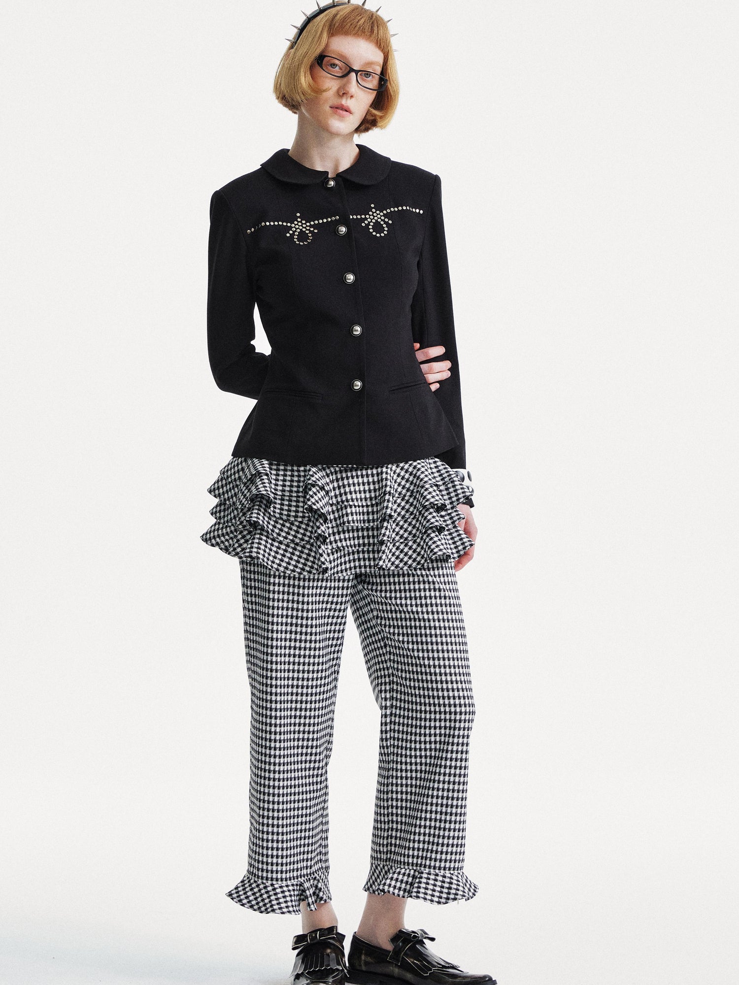 YOSHUYUKI Houndstooth High Waist Lace Trim Culottes