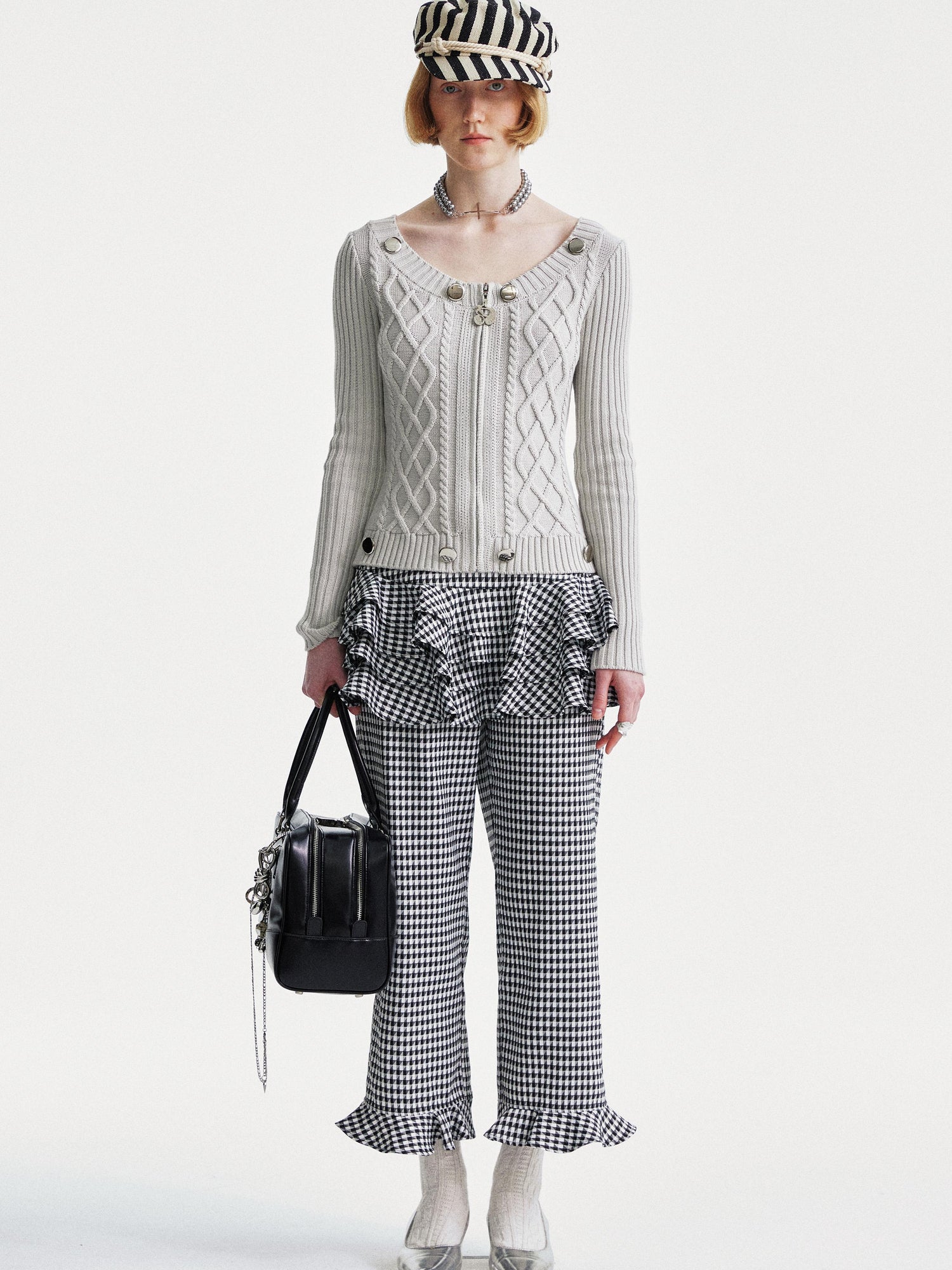 YOSHUYUKI Houndstooth High Waist Lace Trim Culottes