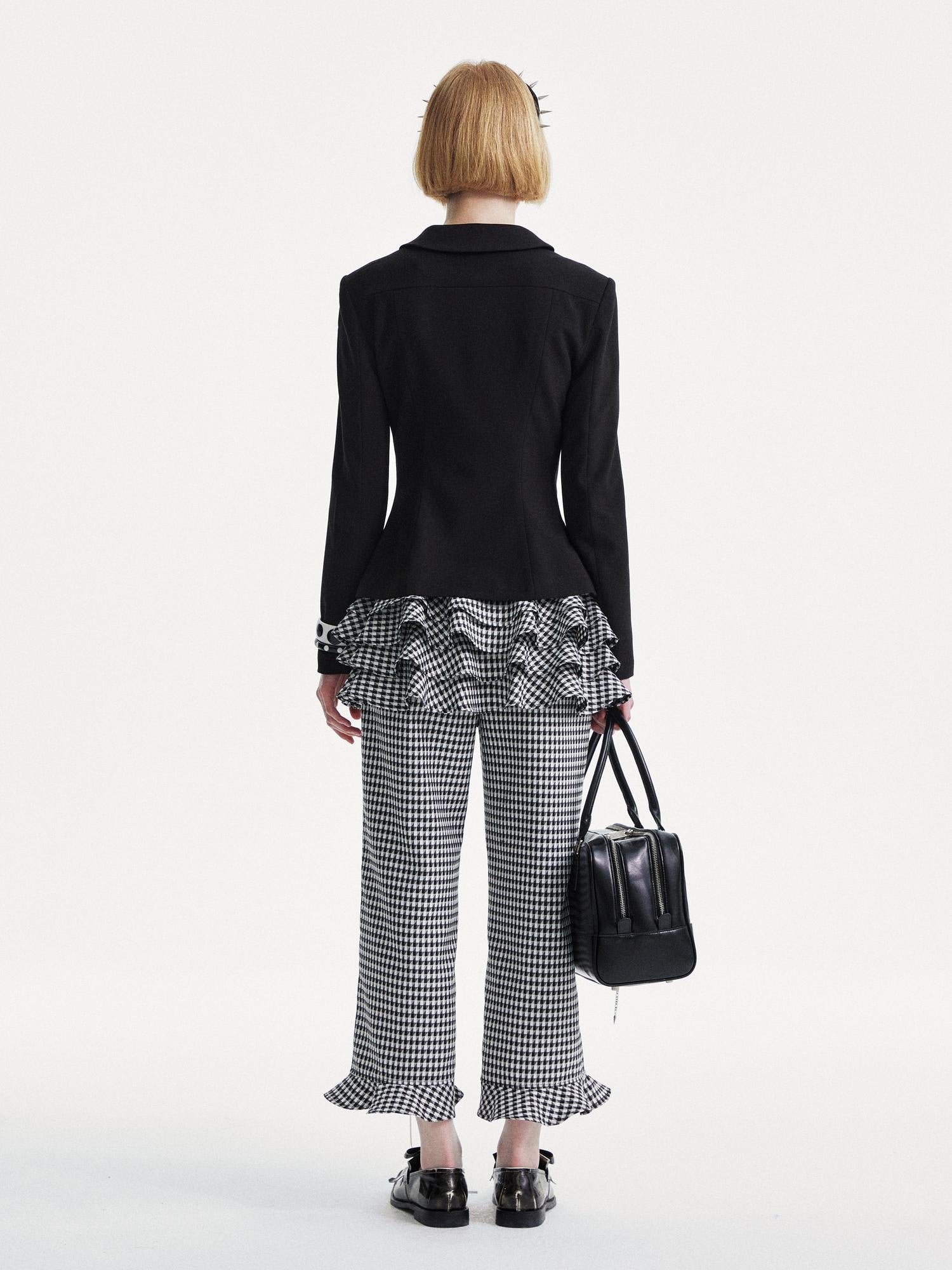 YOSHUYUKI Houndstooth High Waist Lace Trim Culottes