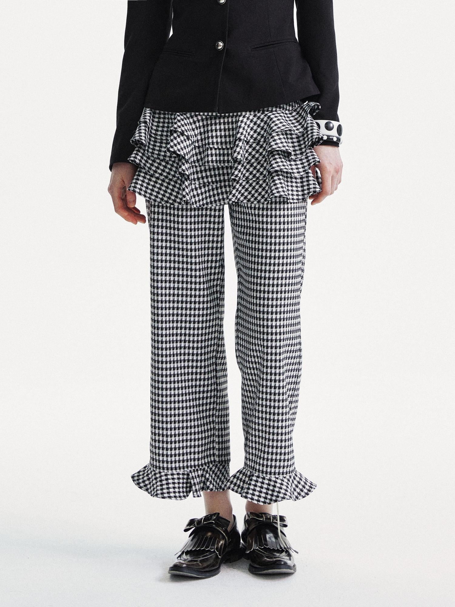 YOSHUYUKI Houndstooth High Waist Lace Trim Culottes