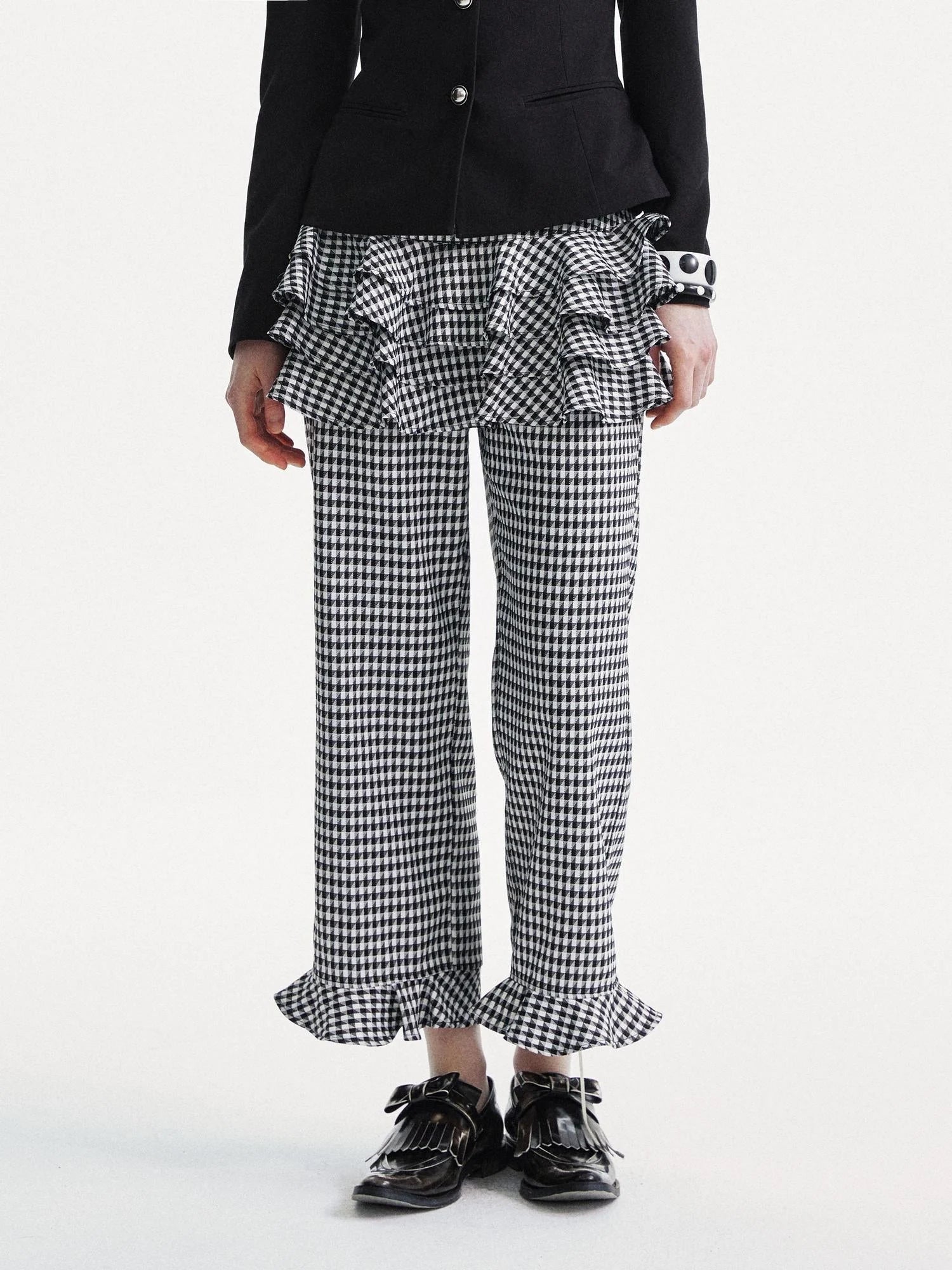 Houndstooth High Waist Lace Trim Culottes