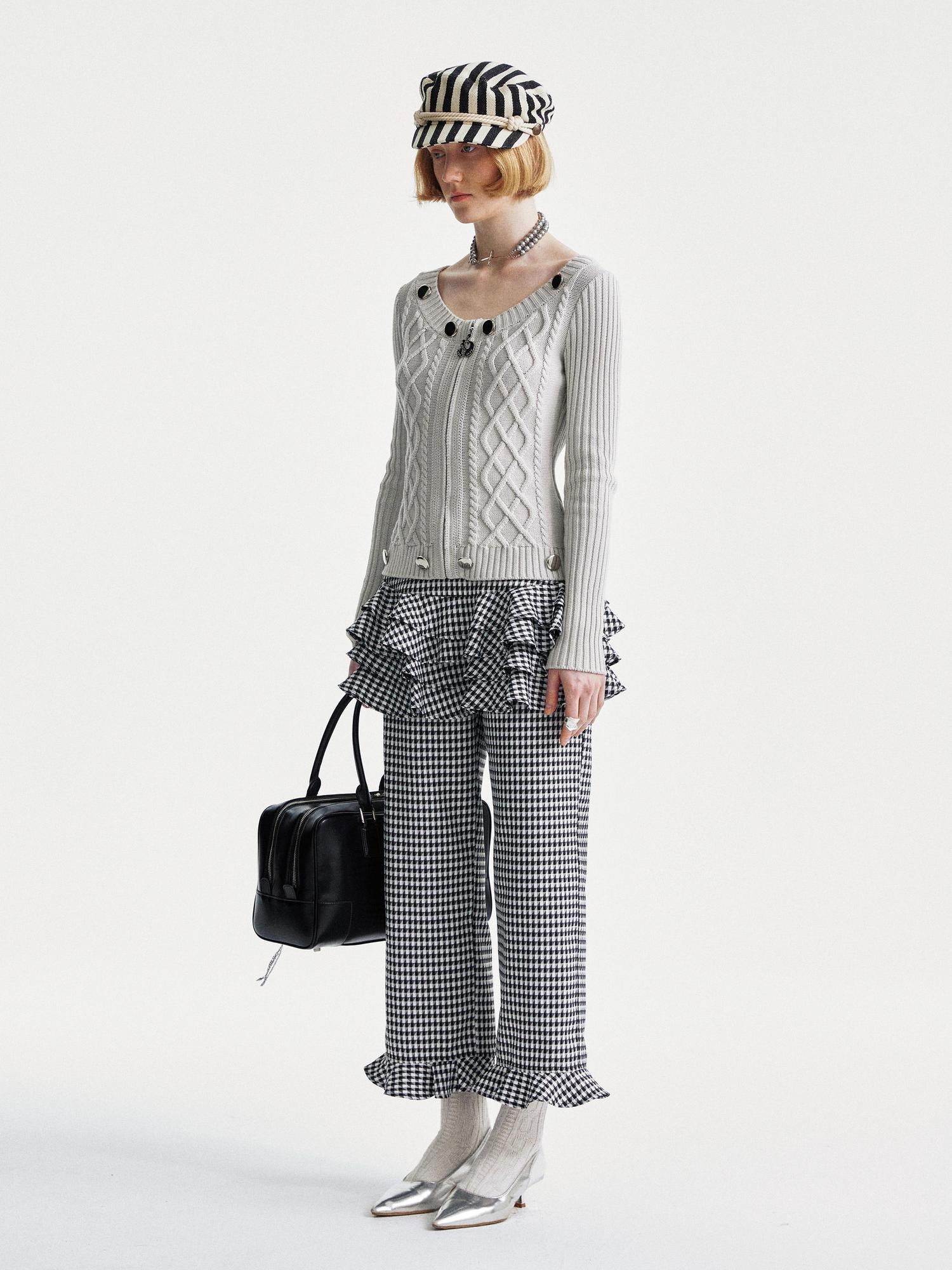 YOSHUYUKI Houndstooth High Waist Lace Trim Culottes