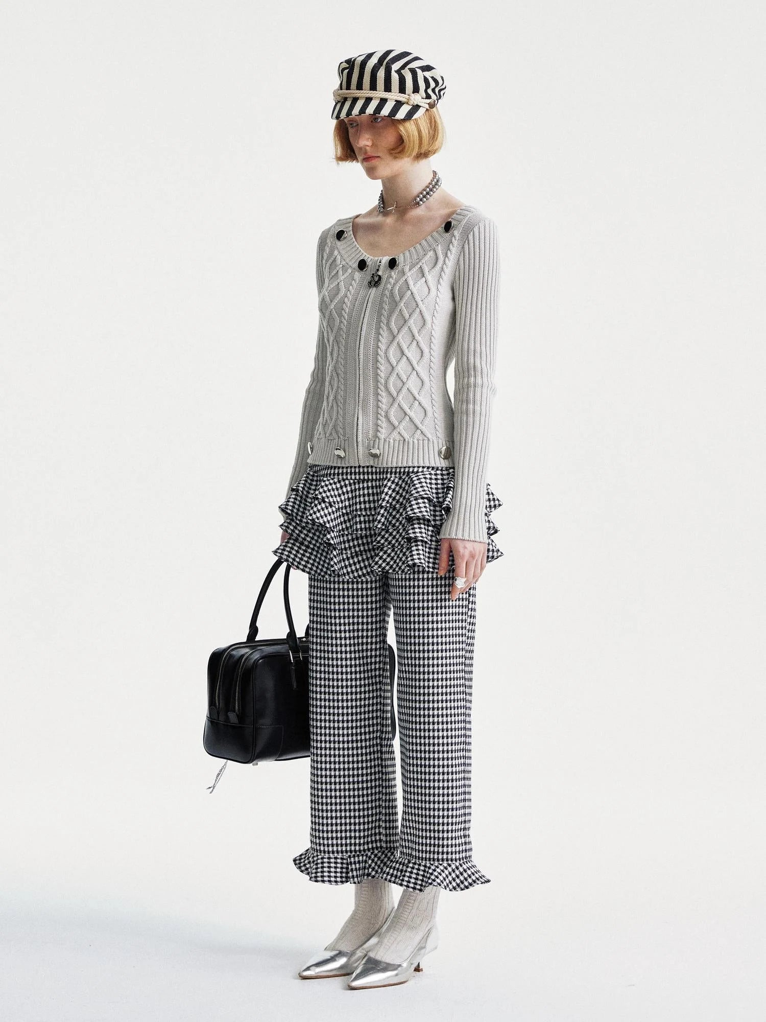 Houndstooth High Waist Lace Trim Culottes