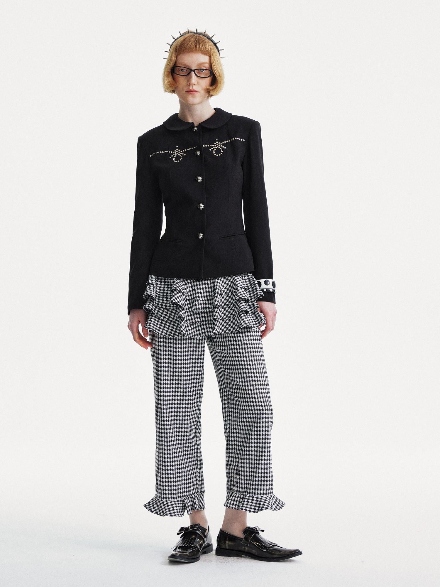 YOSHUYUKI Houndstooth High Waist Lace Trim Culottes