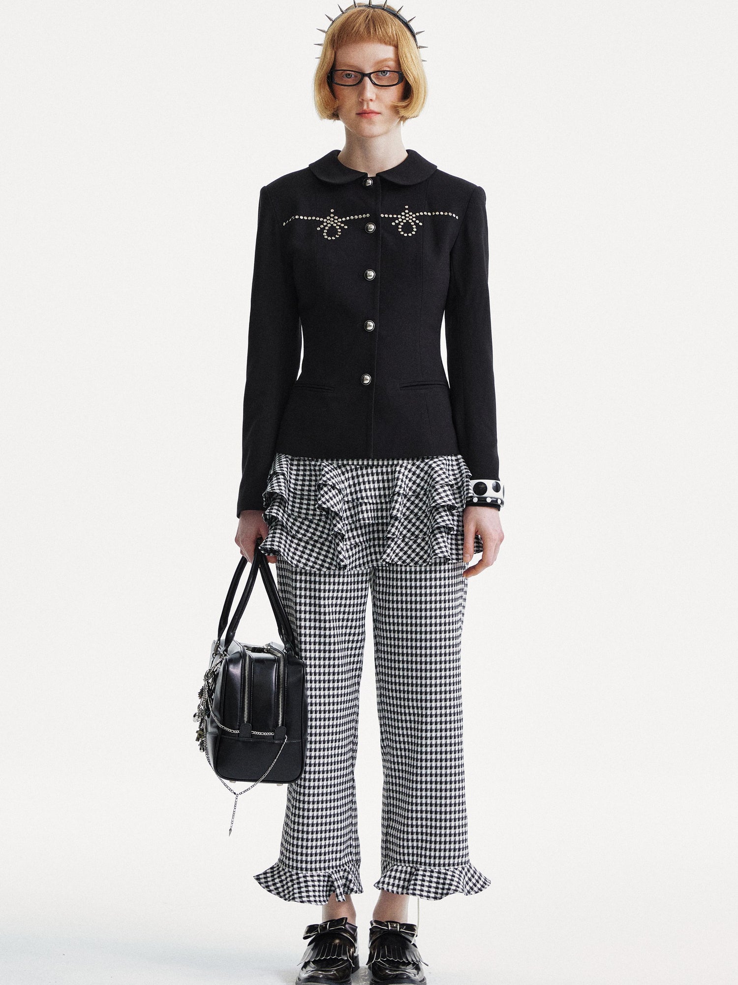 YOSHUYUKI Houndstooth High Waist Lace Trim Culottes